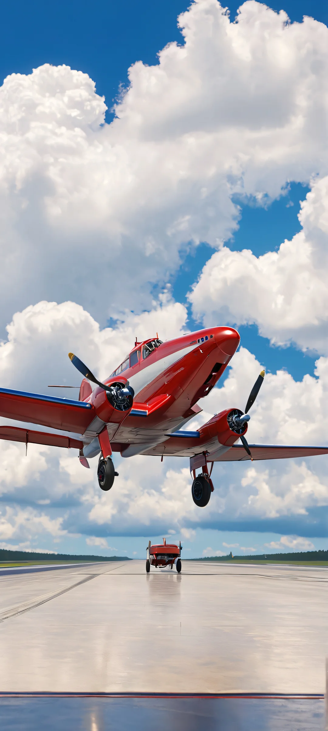 Vintage airplane on a sunny day, taking off from the runway with clouds in the background. Perfect for iPhone and Android home screens.