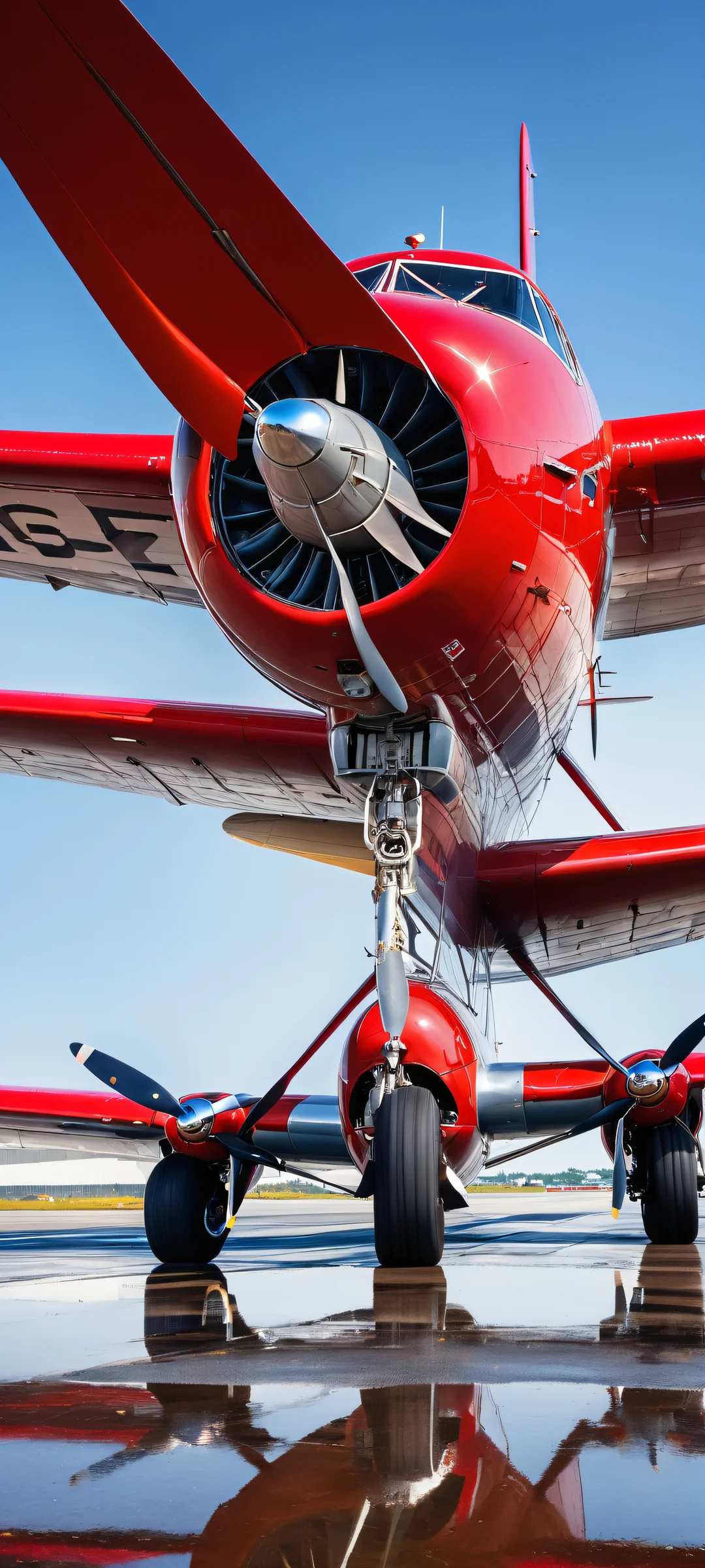 A vintage single-engine propeller aircraft in a breathtaking vertical portrait with insane micro-details and perfect mirror reflection on the wet runway/tarmac, optimized for iPhone/Android home screens.