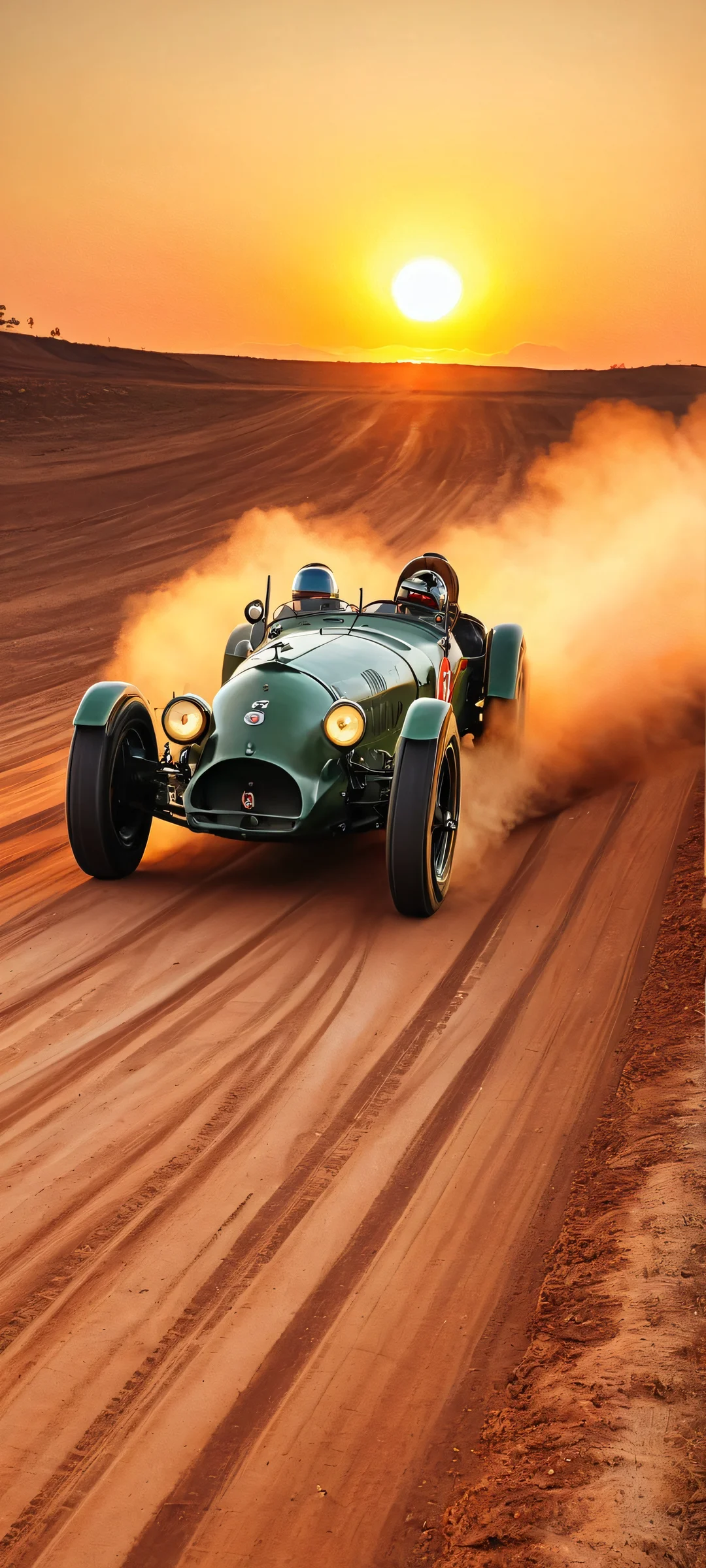 Vintage racing car on a dirt track at sunset, perfectly optimized for iPhone and Android home screens.