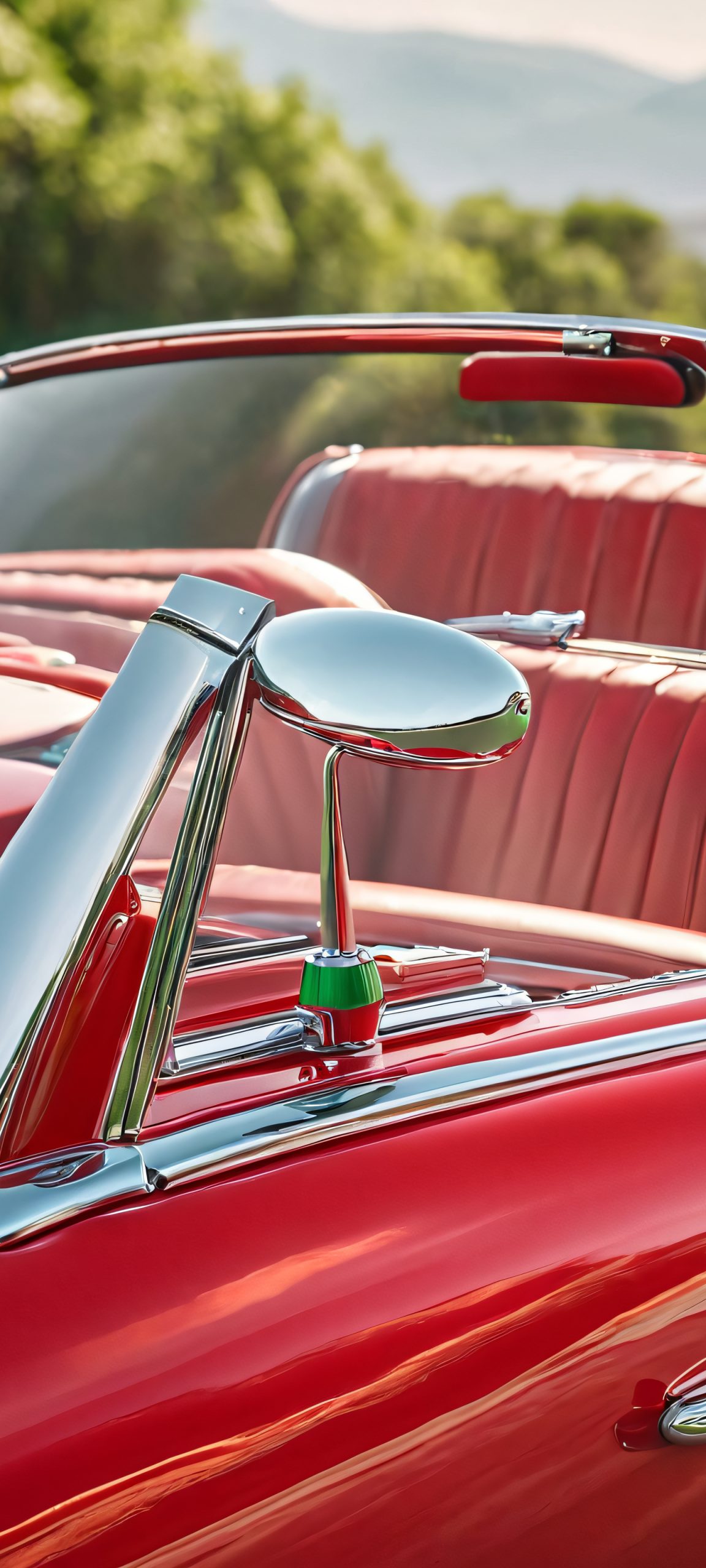 Vintage Red Convertible trackside wallpaper perfect for iPhone, Android, or any mobile device. A stunning retro racing scene featuring a red convertible on a sunny track.