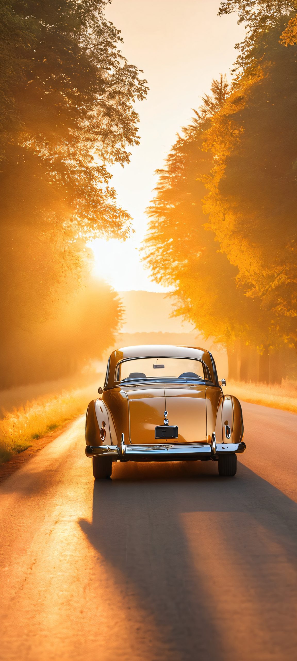 iPhone and Android users, behold! A stunning classic car cruising down a picturesque rural road, bathed in the warm glow of a golden hour sunset. Perfectly optimized for your mobile device's home screen.