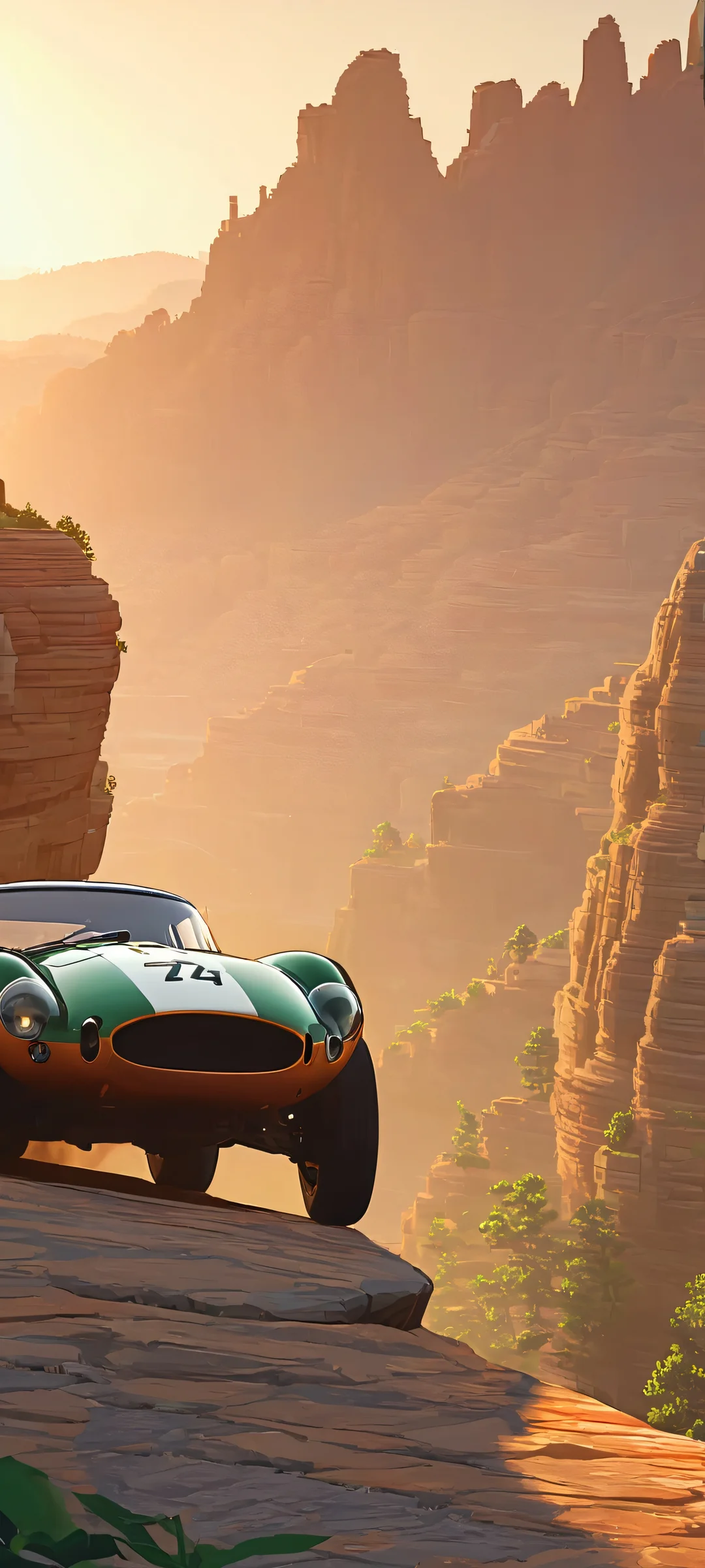iPhone and Android users, get ready to rev up your home screen with this stunning vintage racing car amidst a city on a rocky formation at dusk, bathed in warm sunlight.