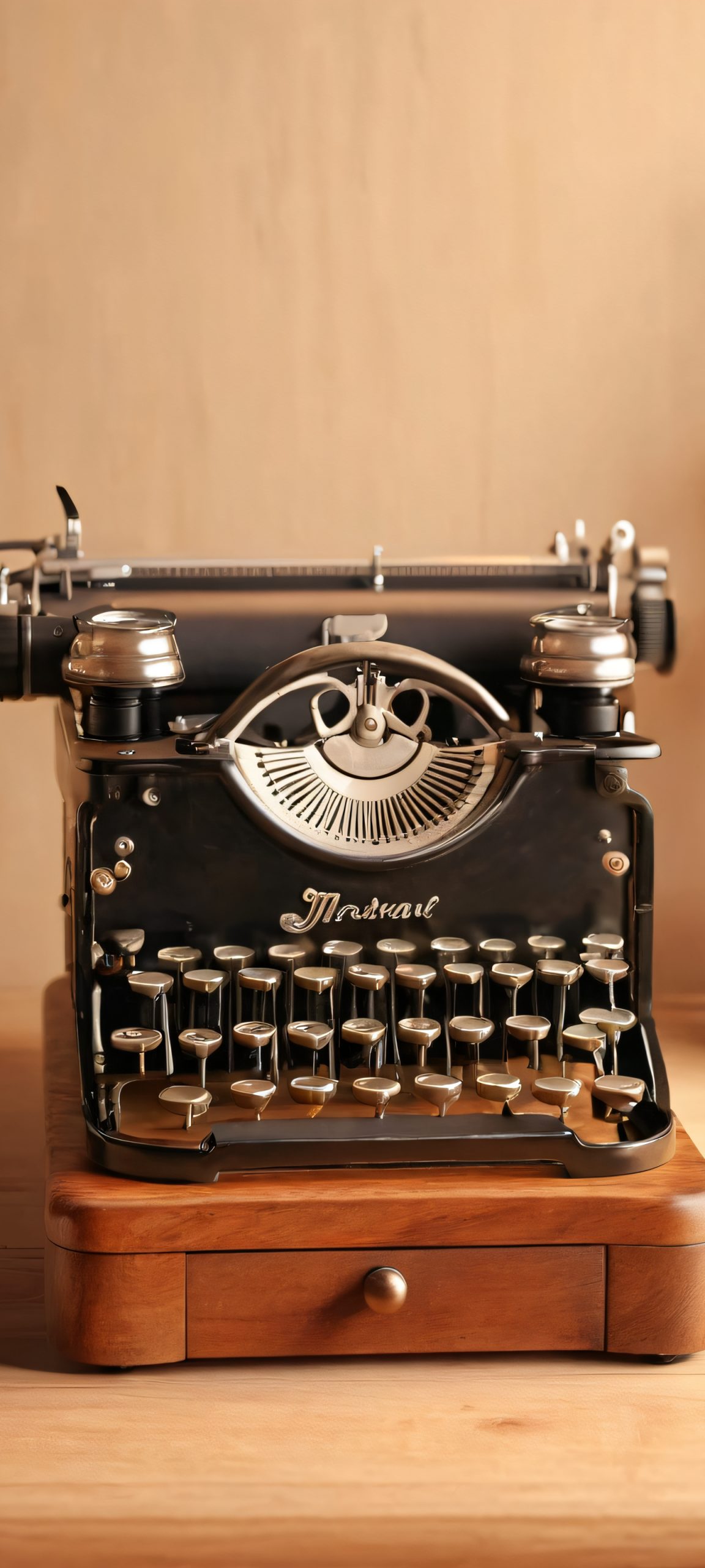 Breathtaking vintage typewriter wallpaper for iPhone and Android, featuring a beautifully crafted wooden table and soft natural tones.