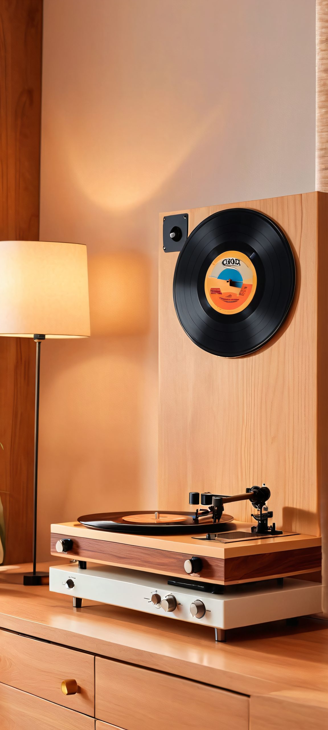 A beautifully designed mobile wallpaper featuring a vinyl record player in a cozy living room with soft natural tones and warm wood accents. Perfect for iPhone and Android home screens.