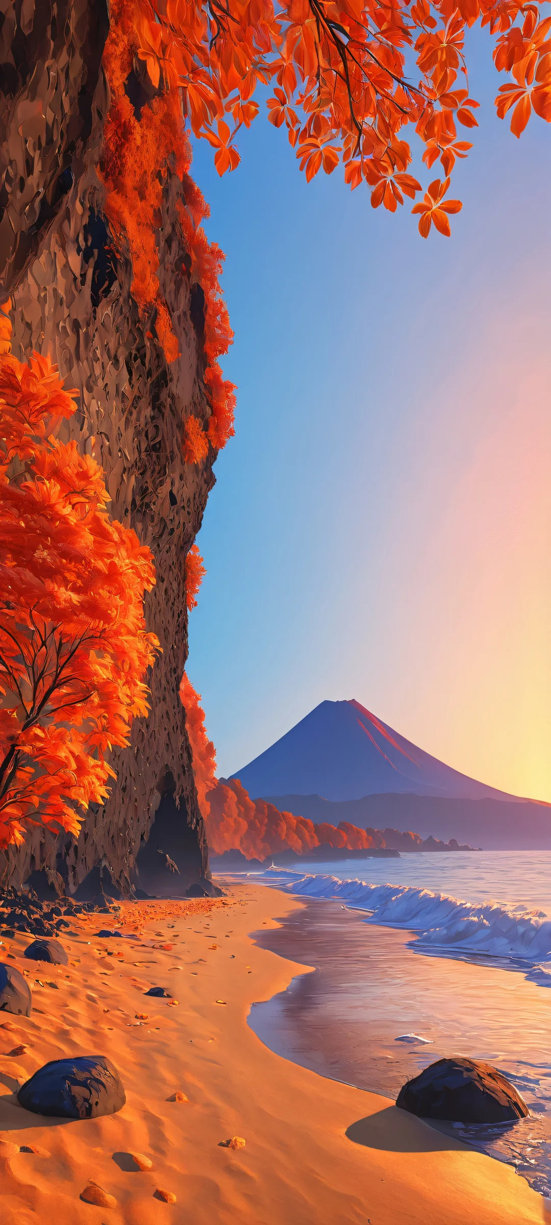 Volcanic Beach Sunset QHD Phone Background iPhone and Android users will love this stunning volcanic beach sunset wallpaper, perfect for a beautiful blue hour scene.