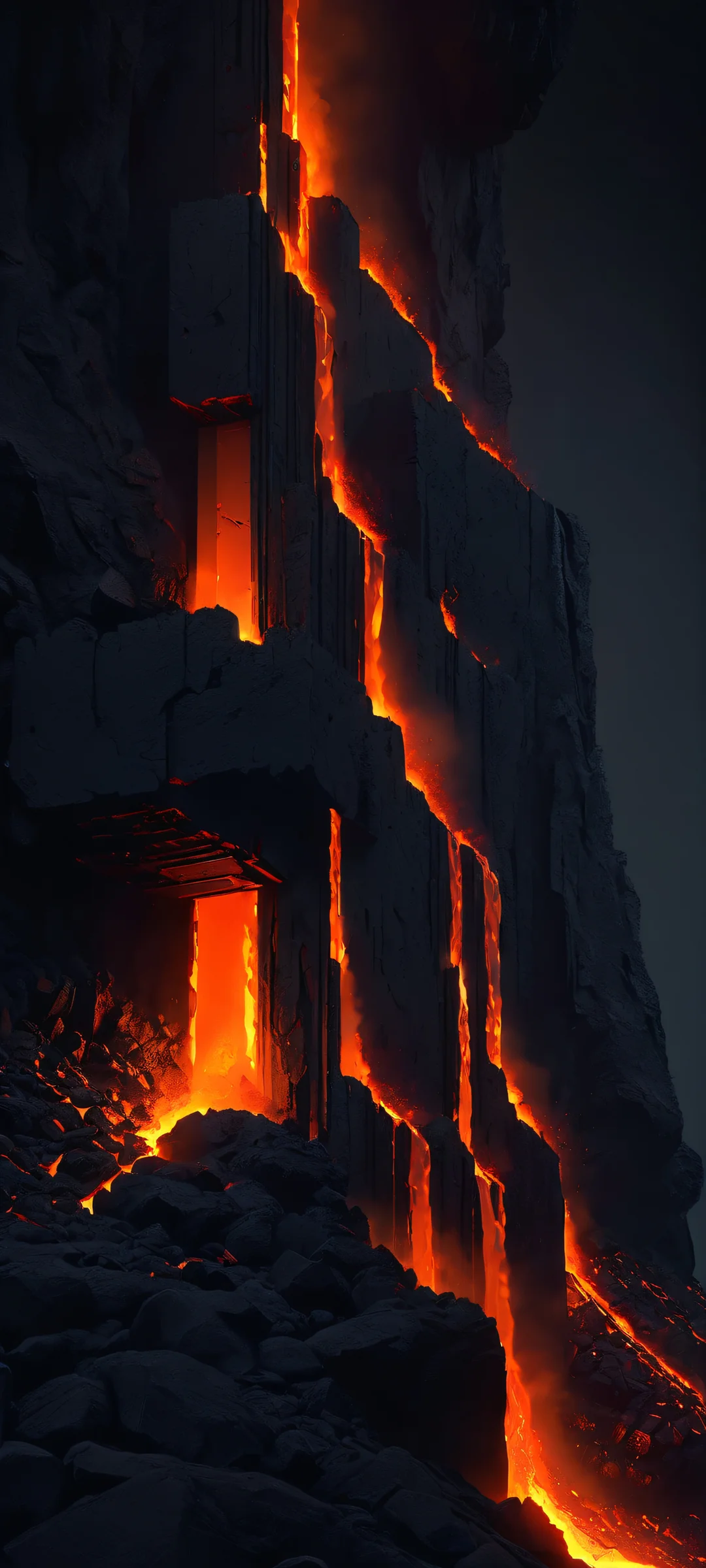 Explore the majestic fortress perched on a volcanic cliffside, illuminated by fiery lava lighting. Perfect for your iPhone or Android home screen.