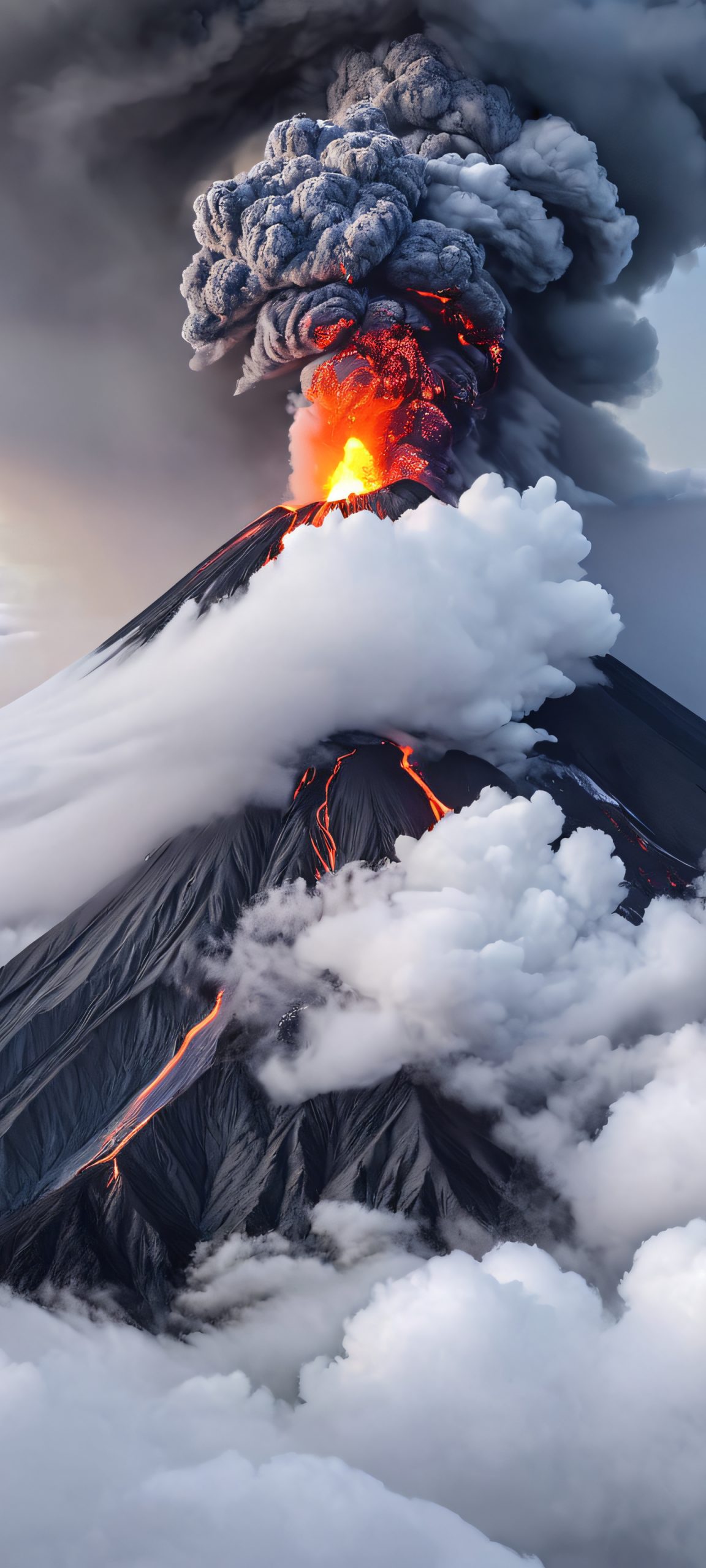 A dramatic depiction of a volcanic eruption on a dark gray background, perfectly suited for iPhone and Android devices