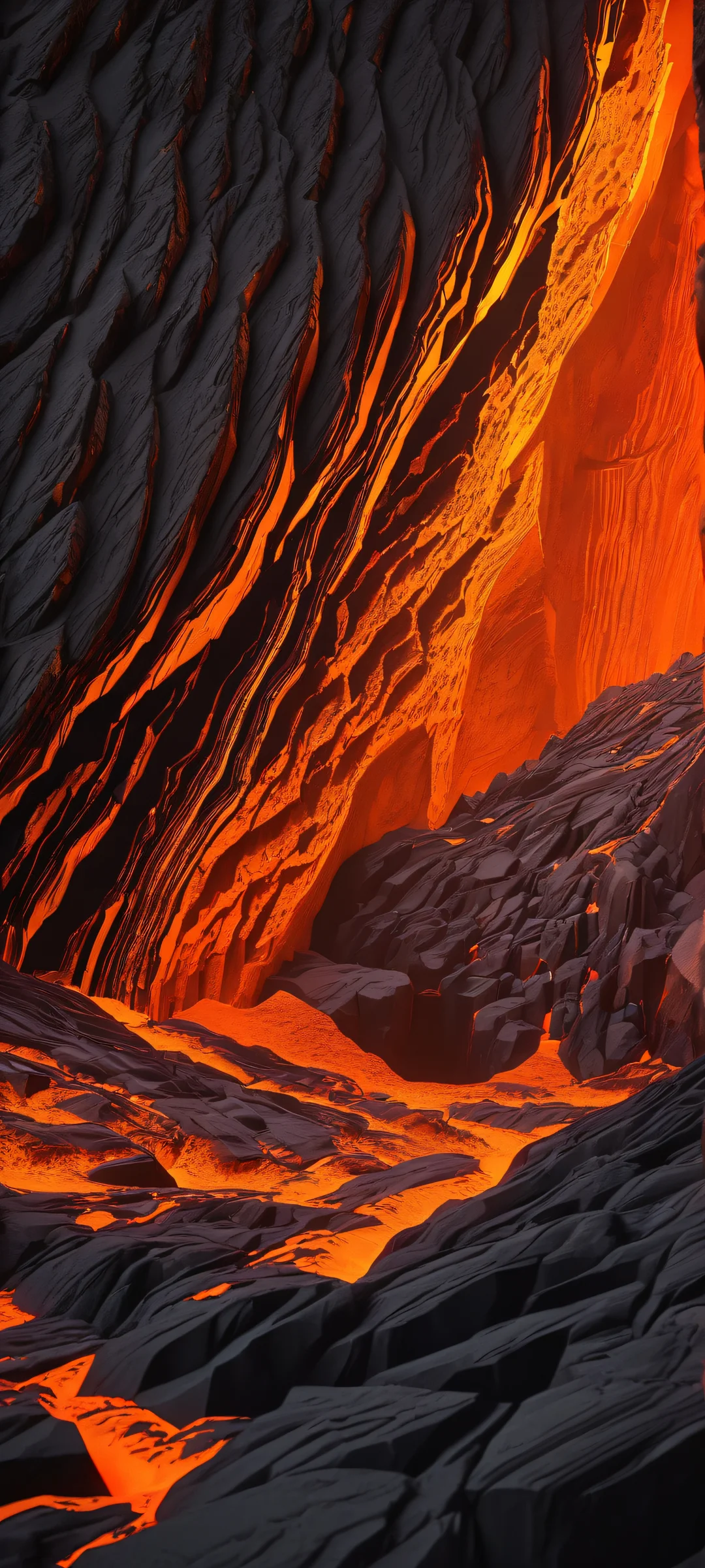 Breathtaking mobile wallpaper featuring a volcanic fortress carved into a cliffside, lava-covered landscape with molten channels. Perfect for iPhone/Android home screens.