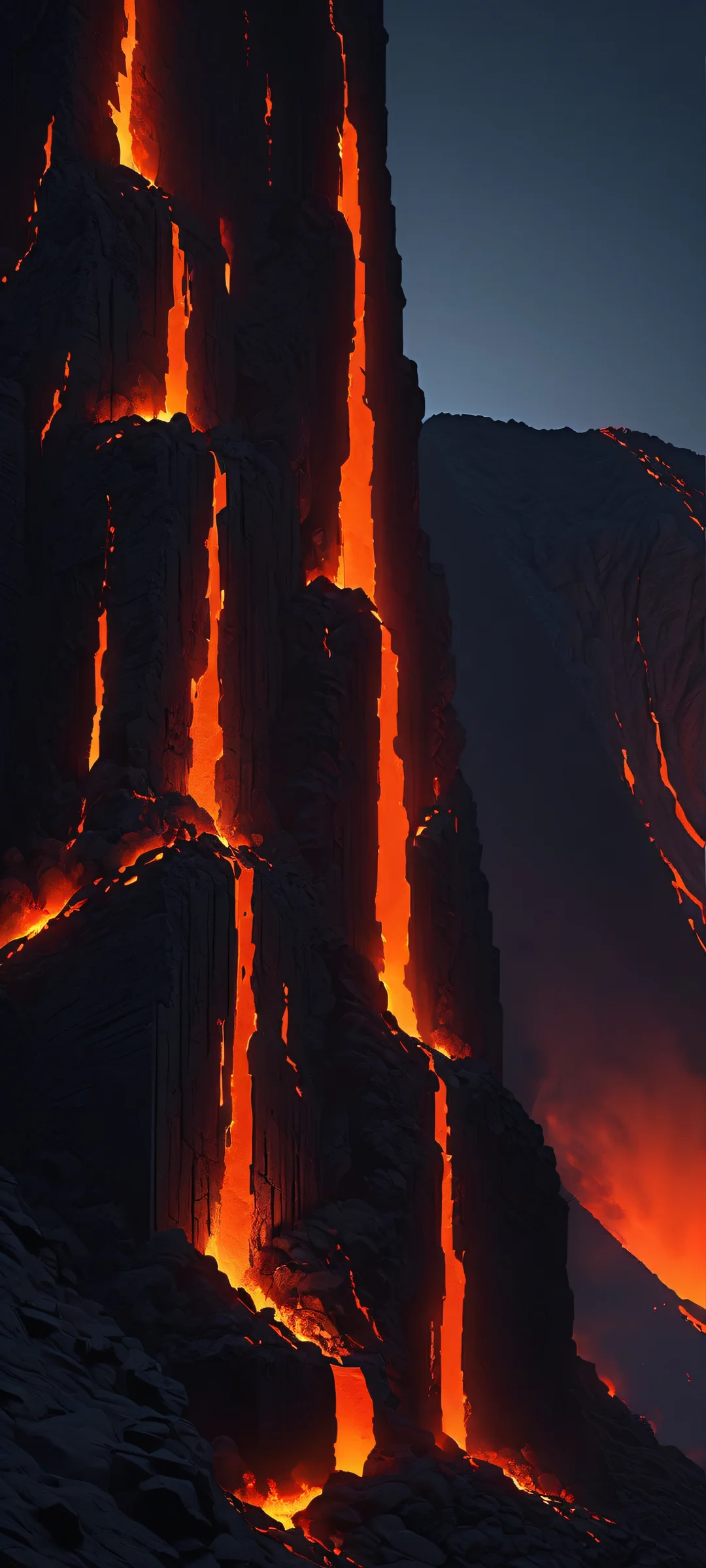 A majestic iPhone and Android mobile wallpaper featuring a breathtaking volcanic fortress with geometric brutalist architecture, glowing lava, and deep black and fiery orange hues. Perfect for your mobile home screen.