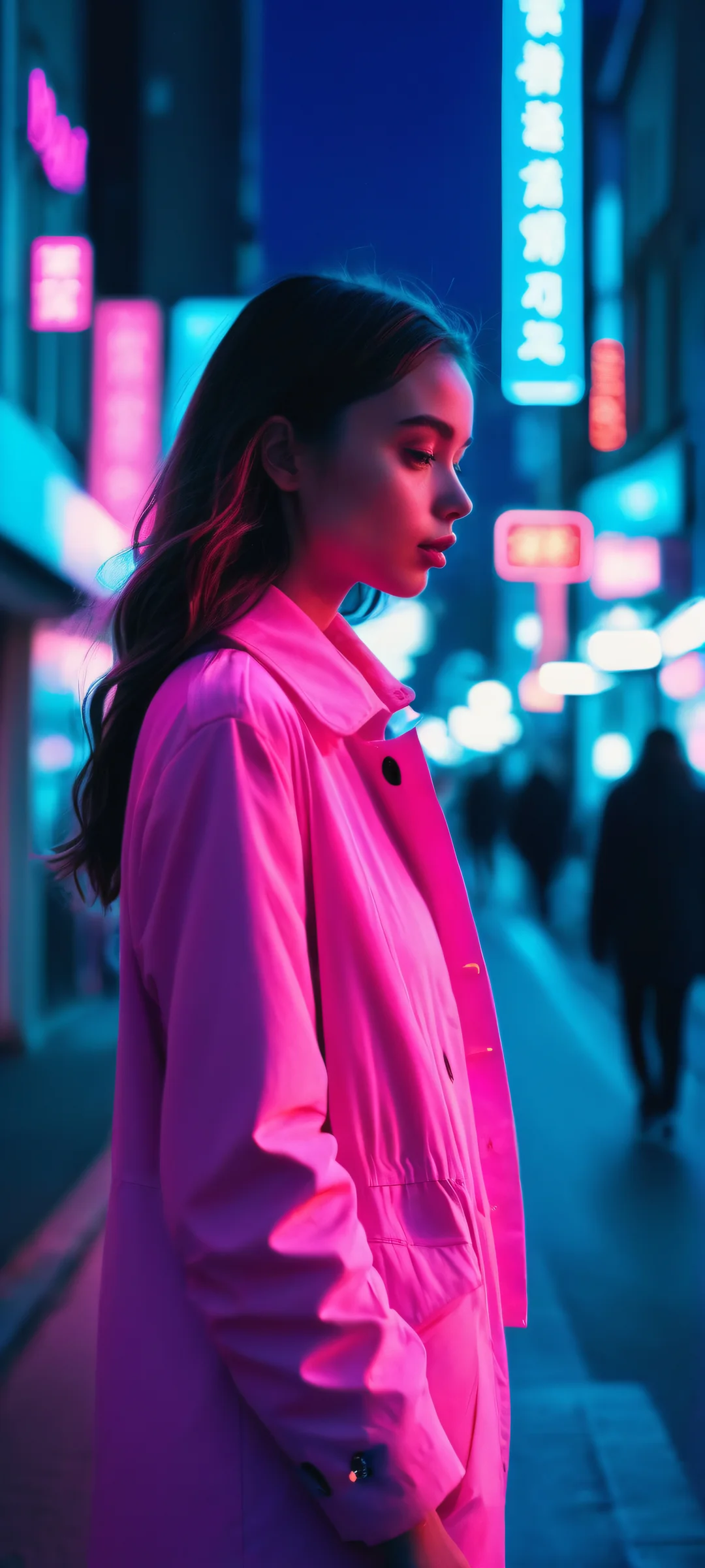 Volumetric Dreams 2K QHD Mobile Wallpaper A neon-lit street scene on iPhone/Android, featuring a girl surrounded by vibrant colors and volumetric effects.
