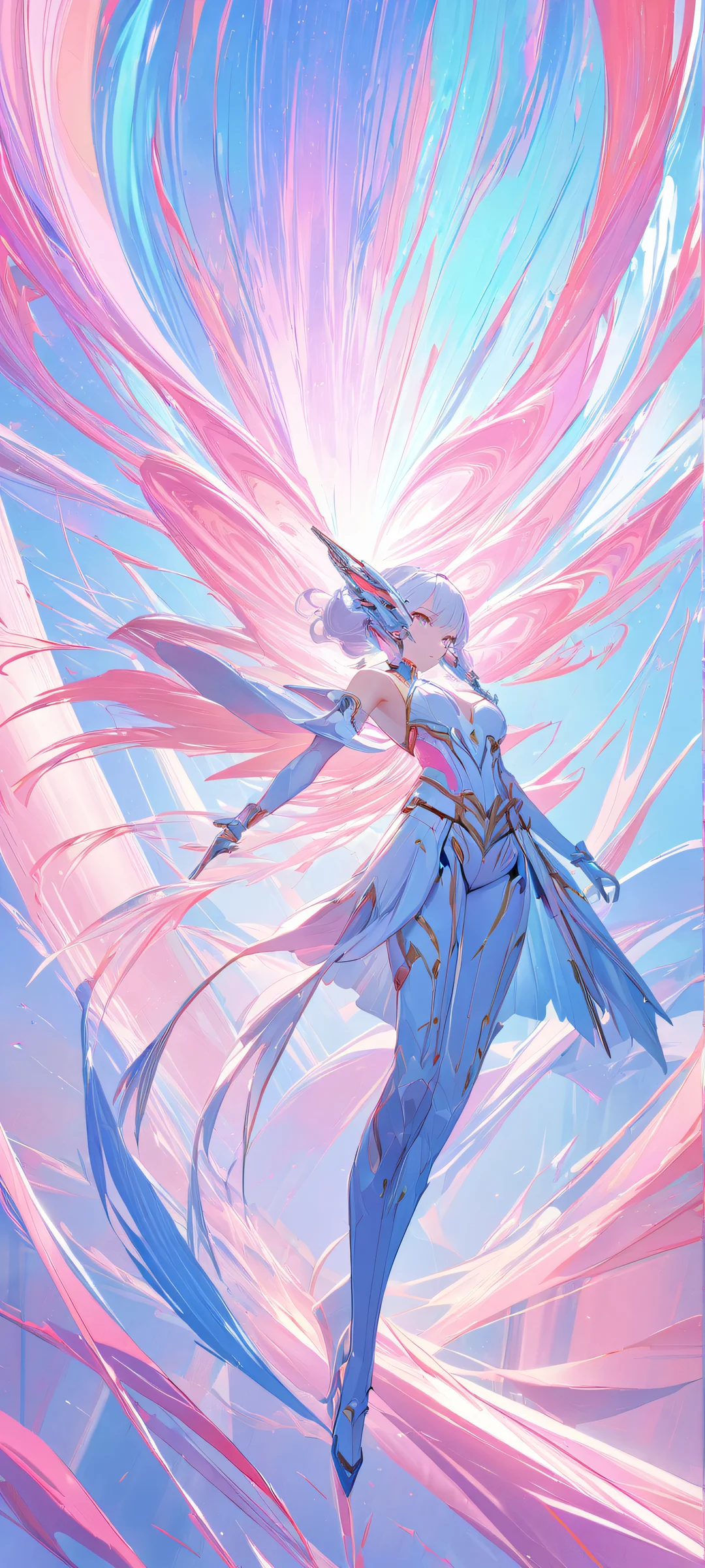 Girl surrounded by volumetric pastel clouds on a sunny day, perfectly optimized for iPhone and Android home screens.