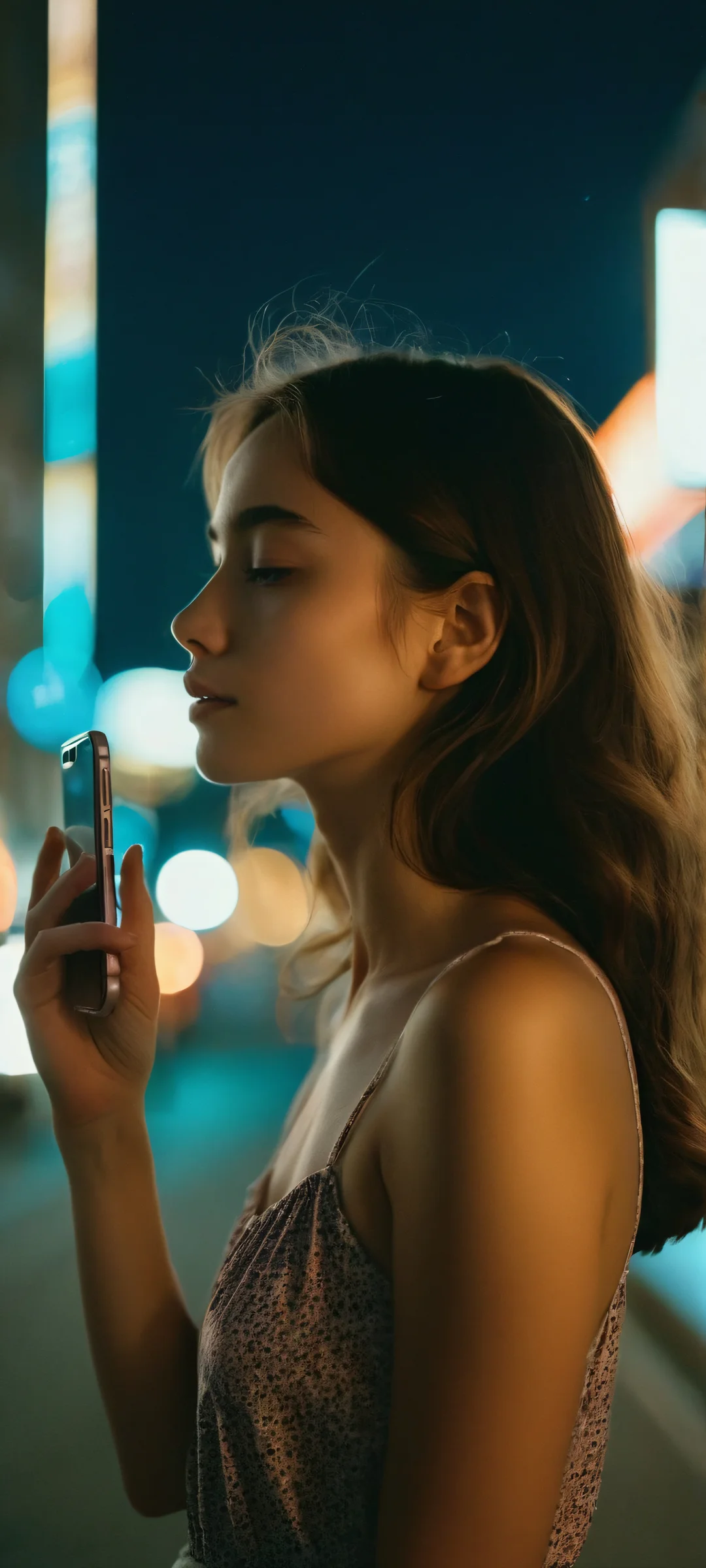 A cinematic vertical mobile wallpaper of a girl at night on iPhone/Android.