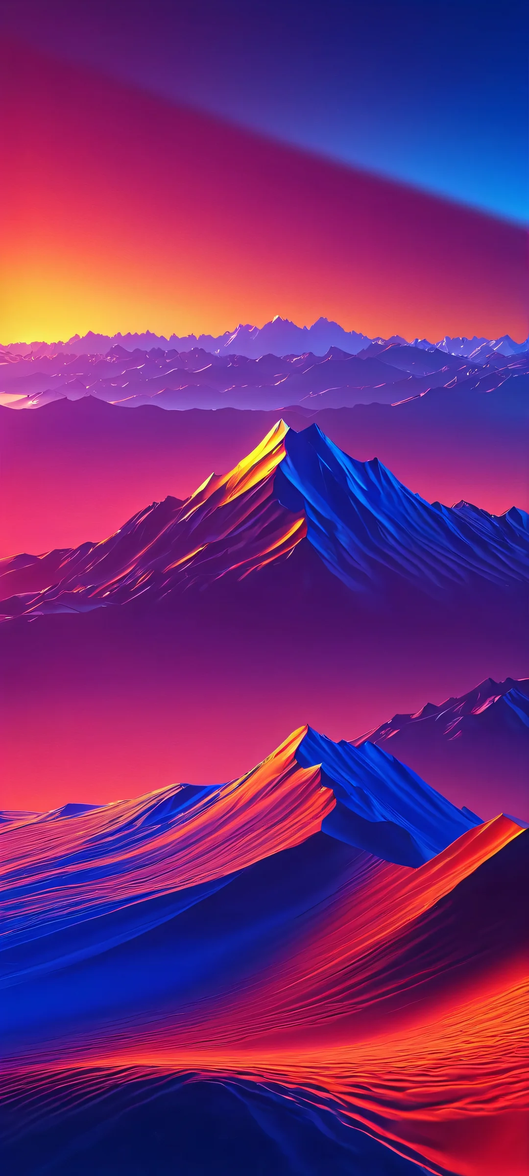 A breathtaking iPhone and Android wallpaper featuring vibrant digital mountains at sunset with golden, crimson, and electric blue hues. Perfect for your mobile phone's home screen!