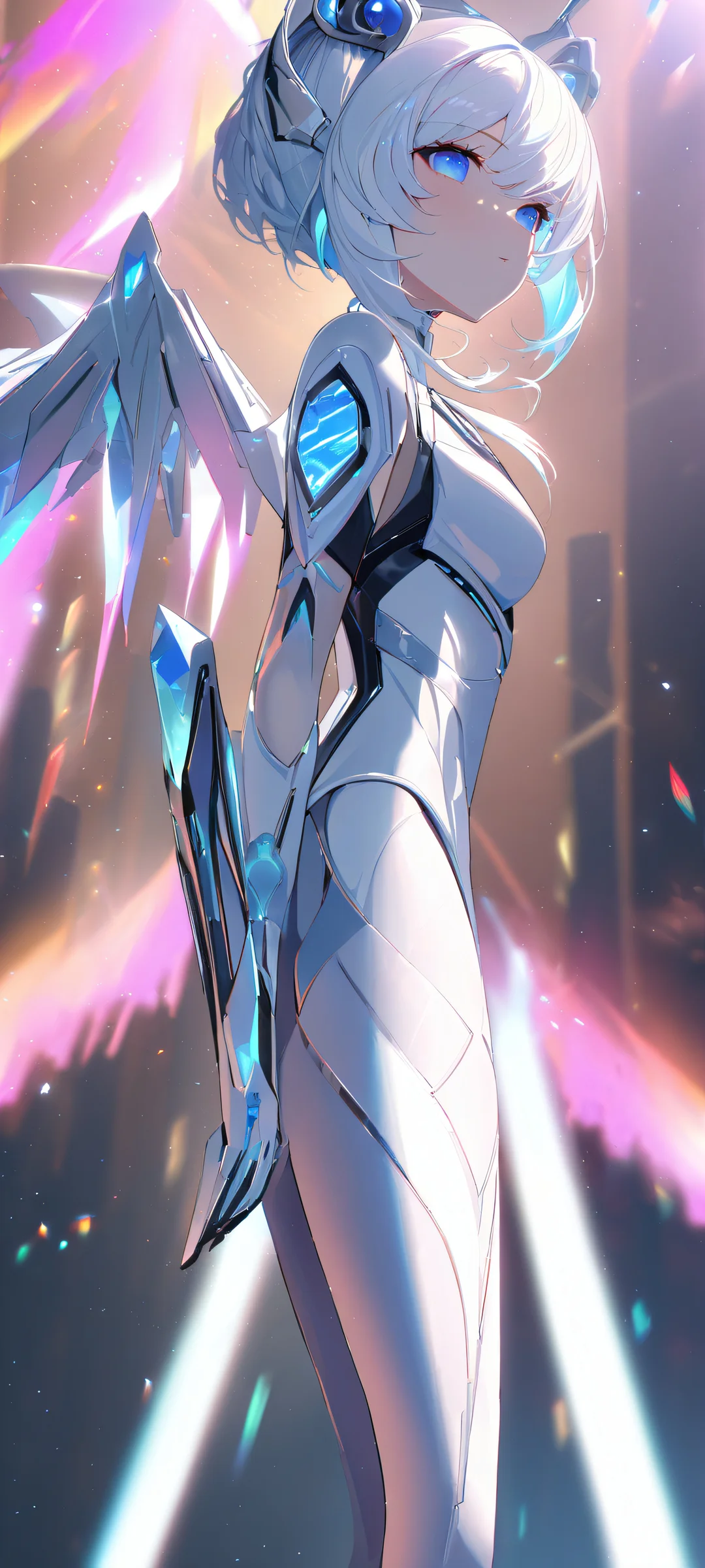 A beautiful anime girl with volumetric particles swirling around her in a blurry background. Perfect for iPhone and Android home screens.