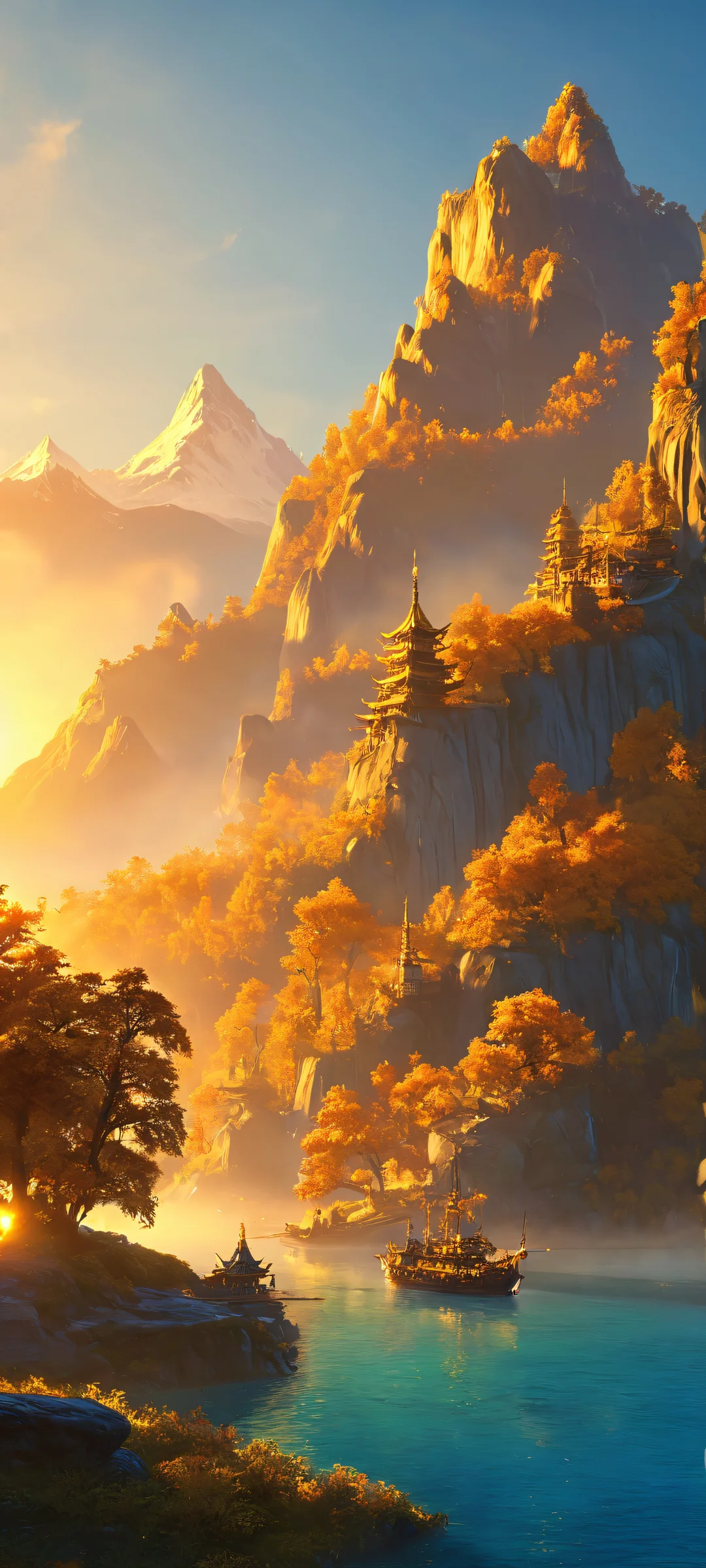 iPhone/Android wallpaper featuring a breathtaking semi-realistic warlord scene with deep blues and rich golds, perfect for home screens.