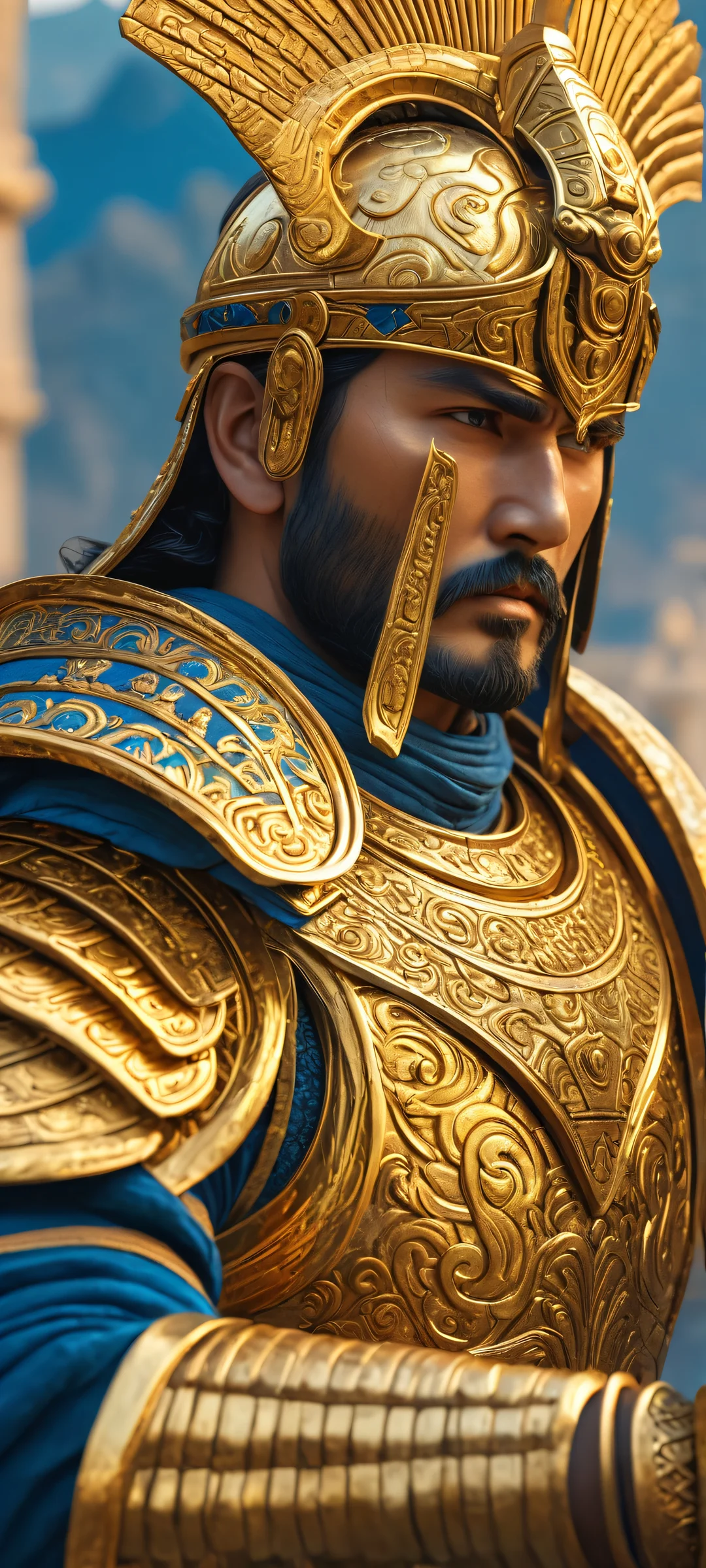 iPhone and Android users will love this stunning mobile wallpaper featuring a powerful warrior standing guard at an ancient, golden-hued structure with metallic blues. Perfect for home screens!
