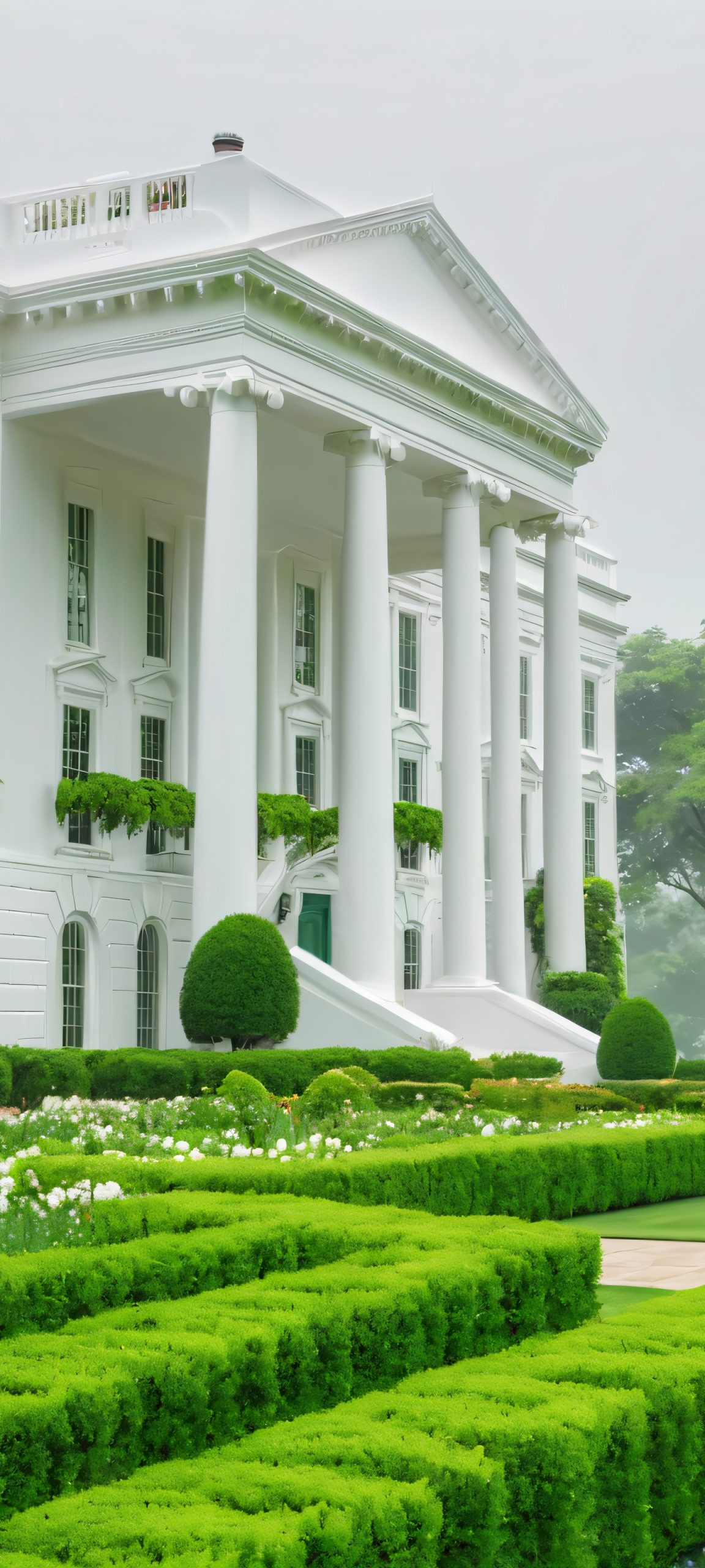 Washington's Serene Oasis 2K QHD Mobile Wallpaper Semi-realistic landscape of White House and Green Garden on a soft overcast day, perfectly suited for iPhone/Android home screens.