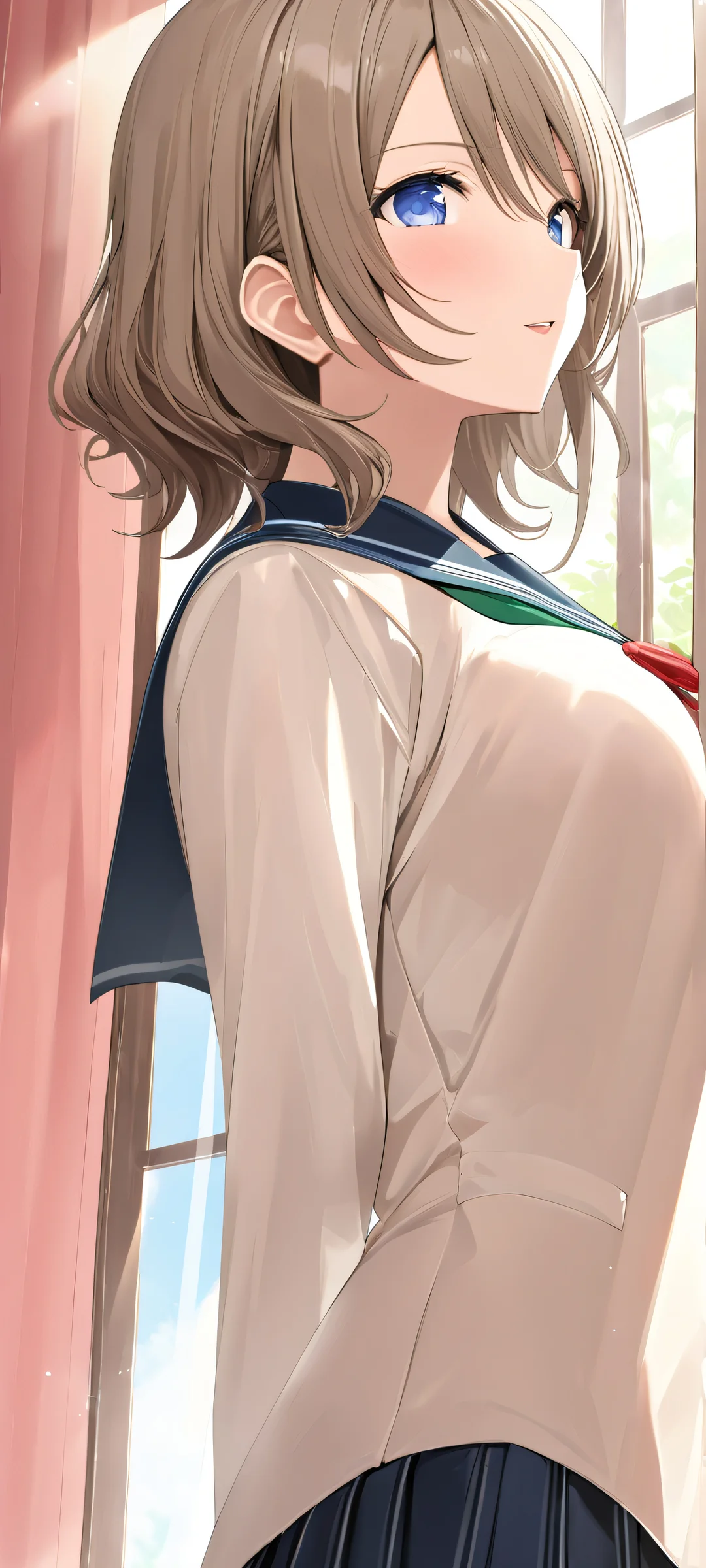 Watanabe Kurumi's Elegant Moment QHD Phone Background Beautiful anime illustration of Watanabe Kurumi in her school uniform on a pink and white background, perfectly suited for iPhone/Android devices.