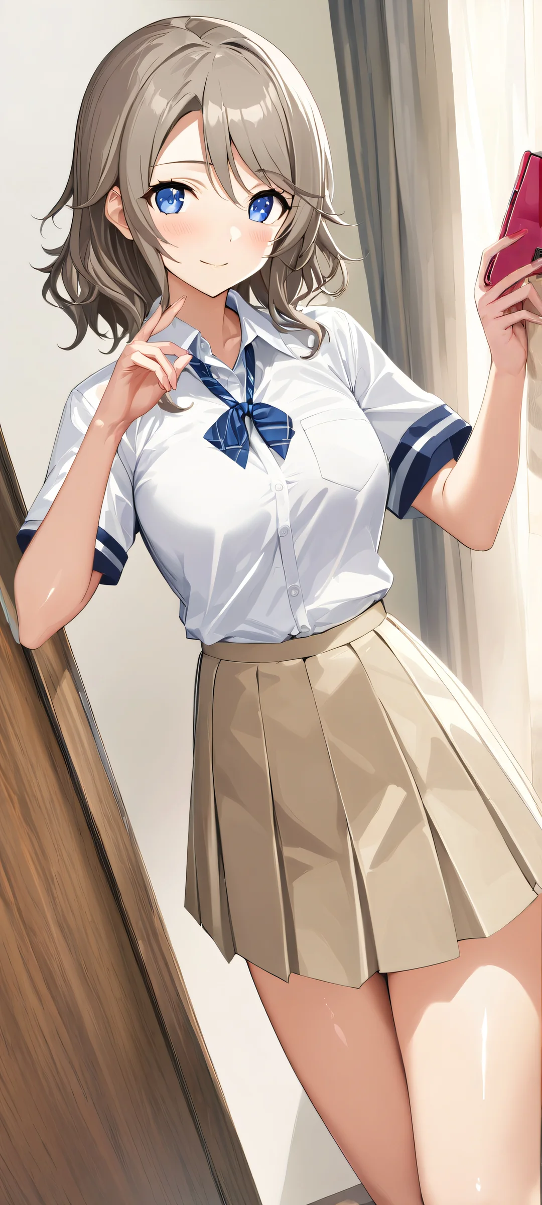 iPhone and Android user enjoy this stunning vertical anime wallpaper of Watanabe Pony in her school uniform, featuring shiny skin and a masterpiece composition.