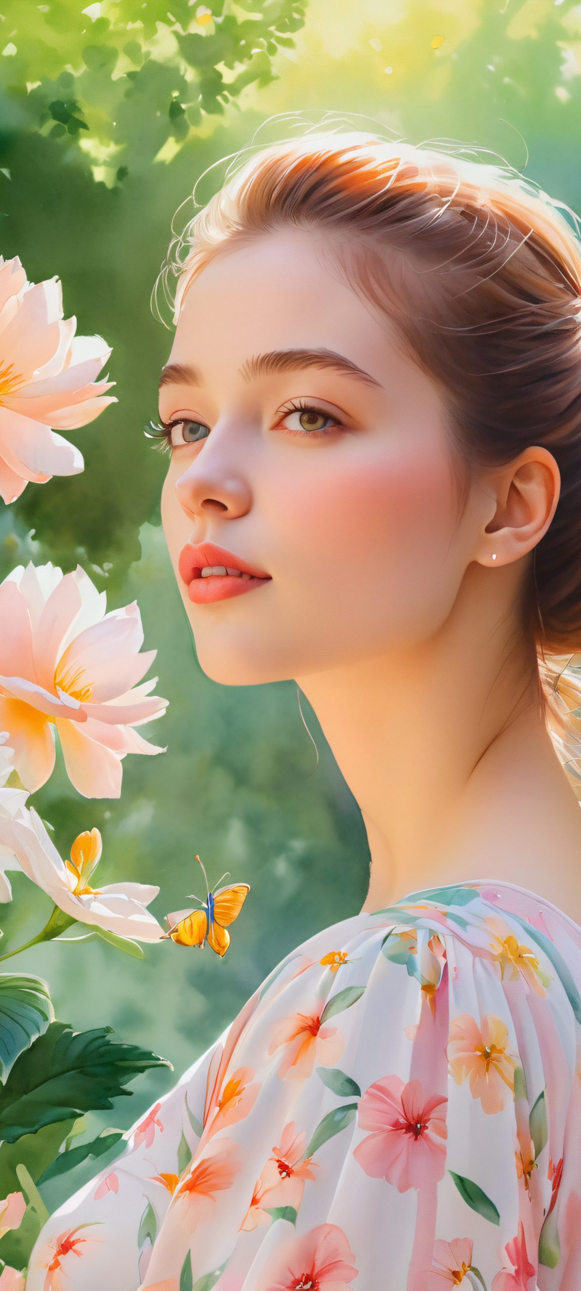 A beautiful watercolor illustration of a woman surrounded by vibrant flowers and lush greenery, perfect for iPhone and Android devices.