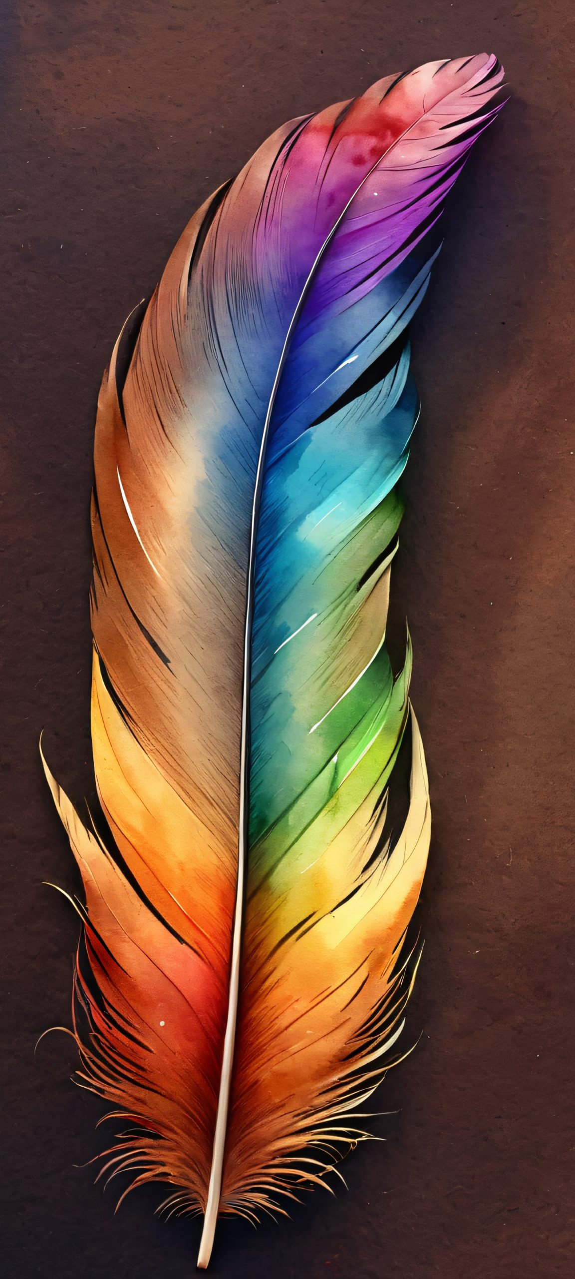 Beautiful watercolor design featuring a stunning feather on a dark background, perfect for iPhone and Android home screens.