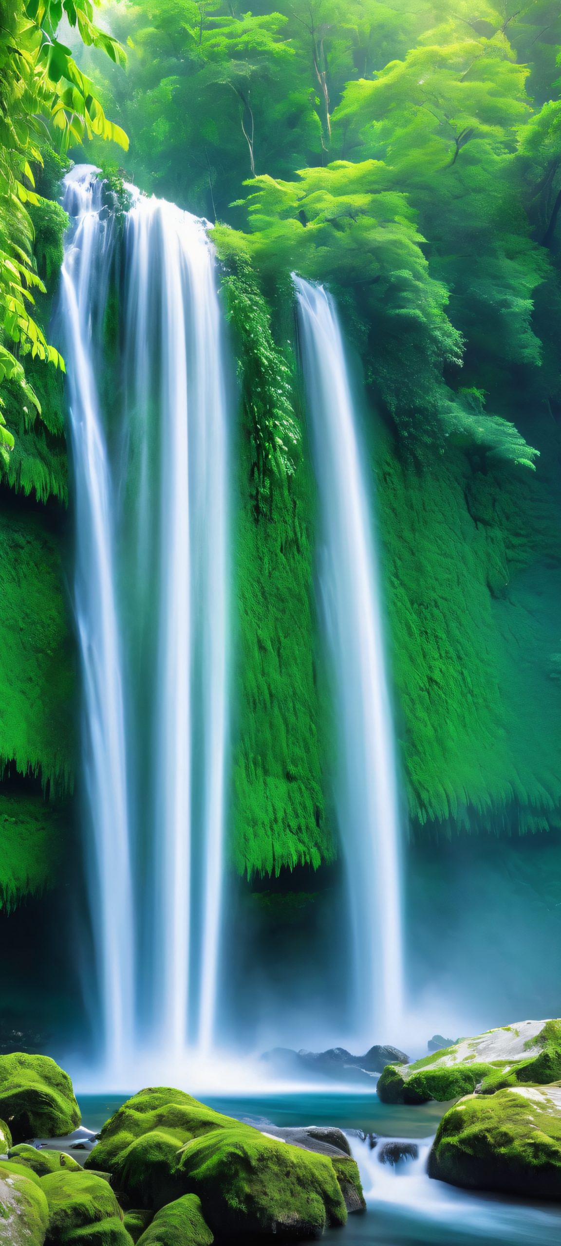 iPhone and Android user's serene escape to a waterfall paradise, with lush greenery and soft blue hues