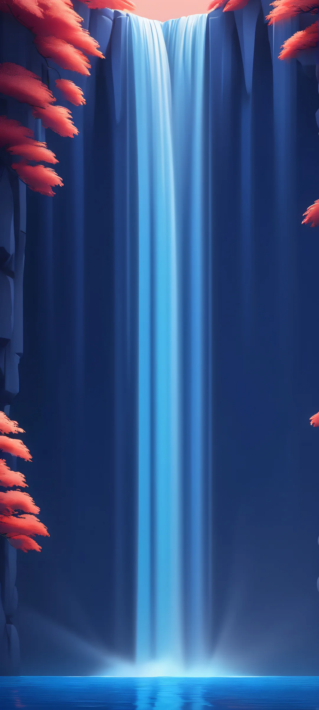 iPhone and Android phone wallpaper featuring a serene waterfall scene with a simple gradient background and soft ambient glow.