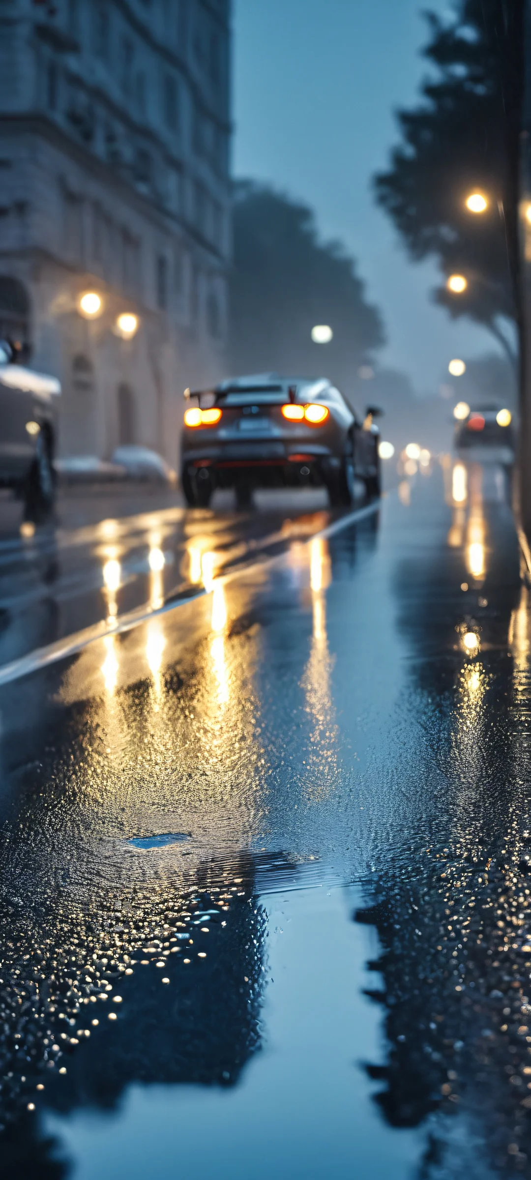 A stunning car reflection on a wet road at night, perfectly captured for iPhone/Android users to set as their home screen wallpaper.