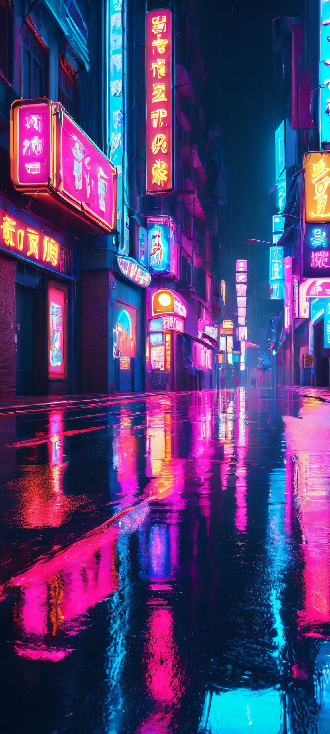 A stunning vertical mobile wallpaper of Wet Street at night, lit up by vibrant neon signs, perfectly optimized for iPhone and Android devices.