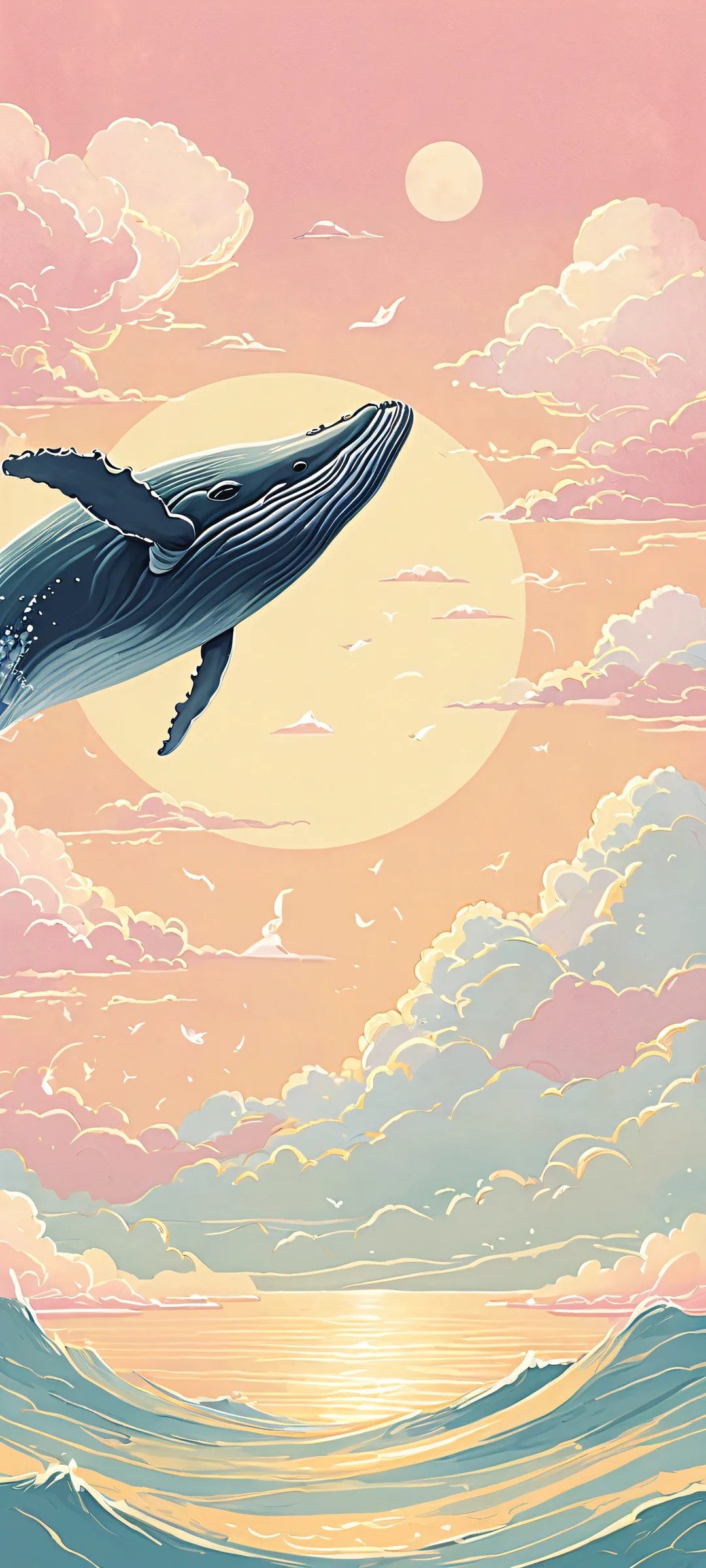 A majestic whale swims through a cloudy atmosphere with vintage illustration-style clouds and soft-golden hues. Perfectly optimized for iPhone, Samsung Galaxy, and Android home screens.