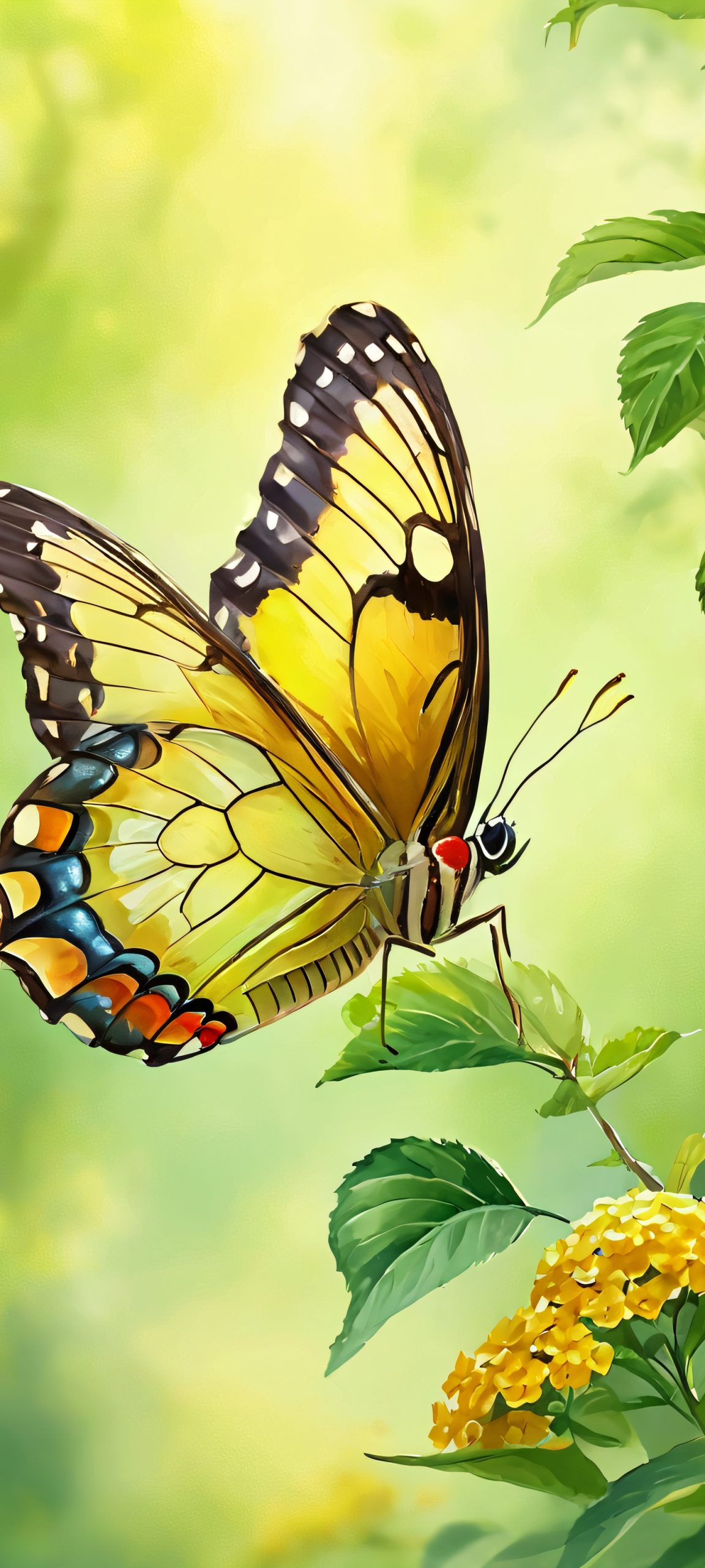 A beautiful butterfly perched on a colorful flower in a serene forest, perfectly optimized for iPhone and Android home screens.