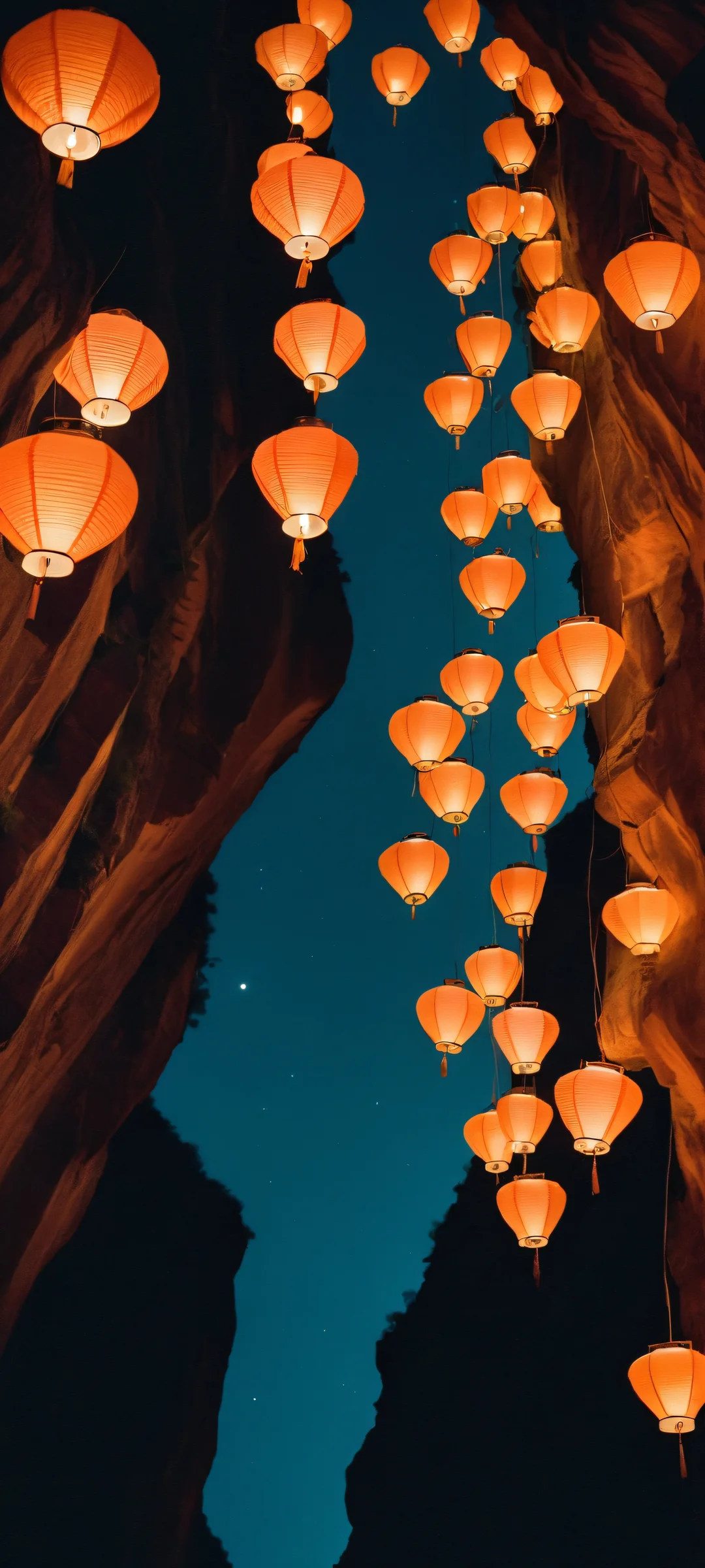 Illuminated lanterns suspended within a mystical canyon at dusk, perfect for iPhone/Android home screens.