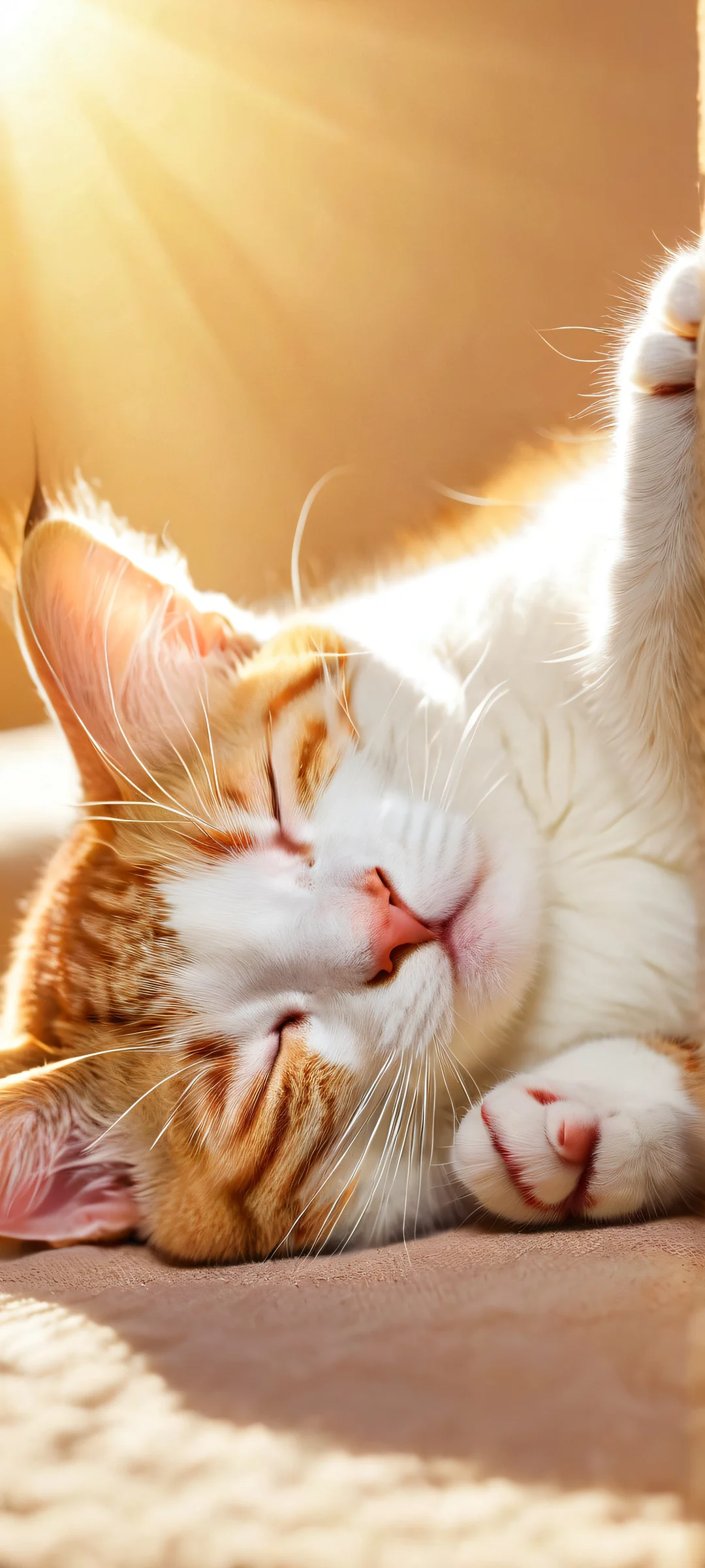 Whimsy in Warmth iPhone & Samsung QHD Wallpaper A happy cat sleeps in a sunny spot with a soft warm glow on iPhone and Android mobile devices.