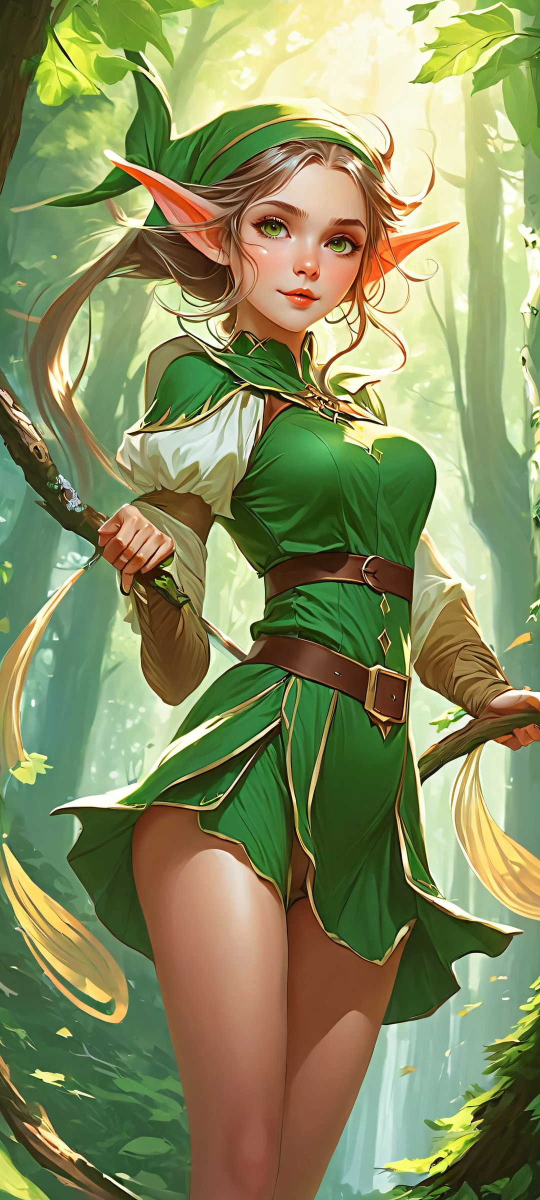 A magical elf girl stands tall amidst a windy forest, perfect for iPhone and Android phone backgrounds.
