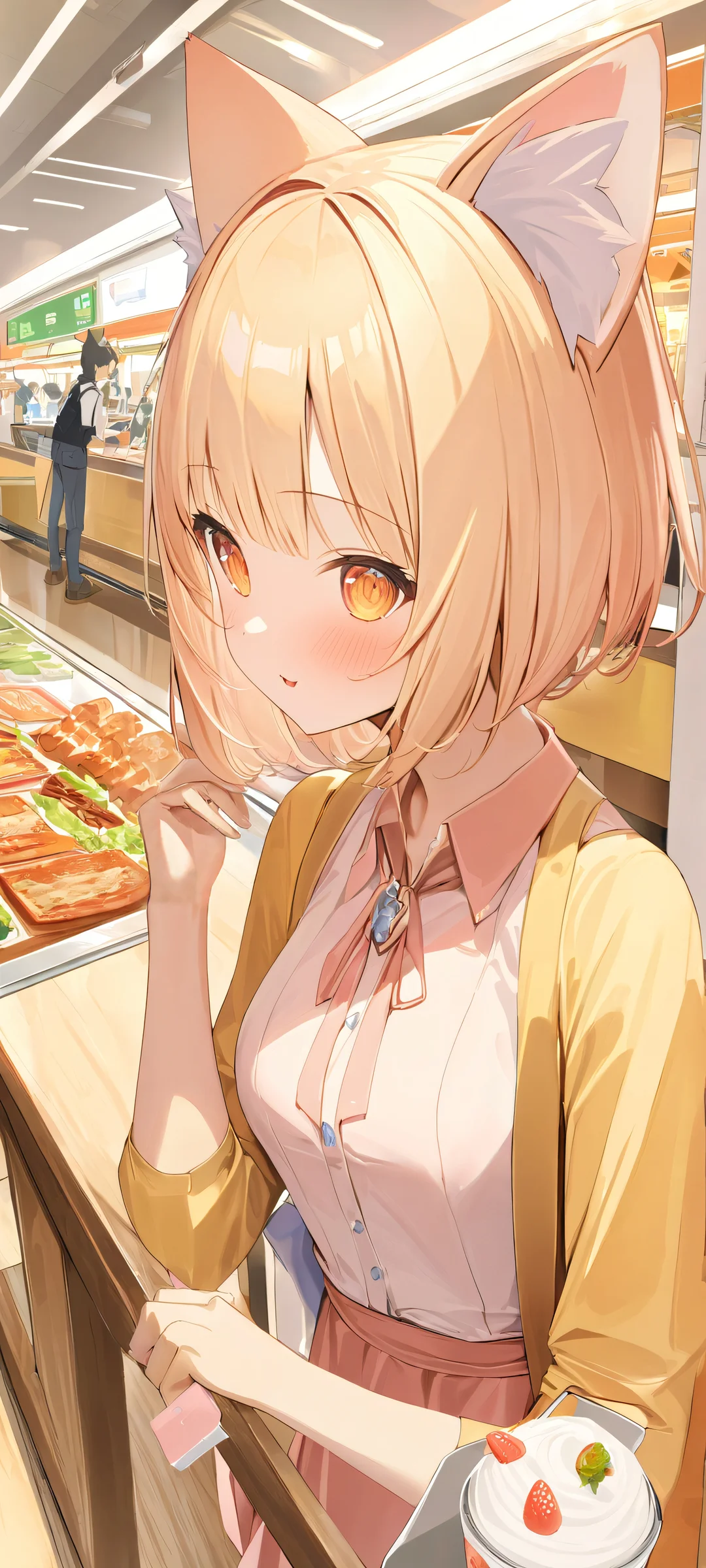 A cat with adorable pink ears enjoying a food court scene at night, perfect for iPhone and Android home screens.