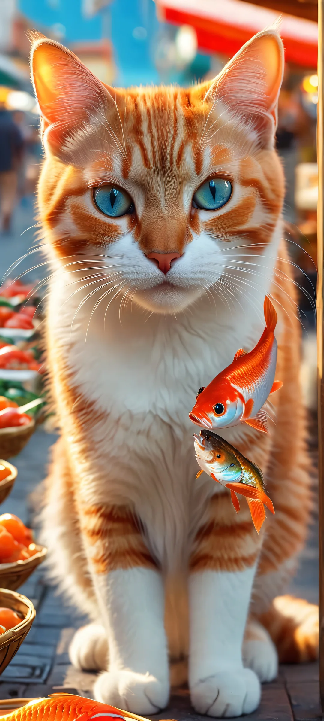 A stunning photorealistic image of a cat surrounded by fish at a bustling street market scene, perfectly optimized for iPhone and Android home screens.