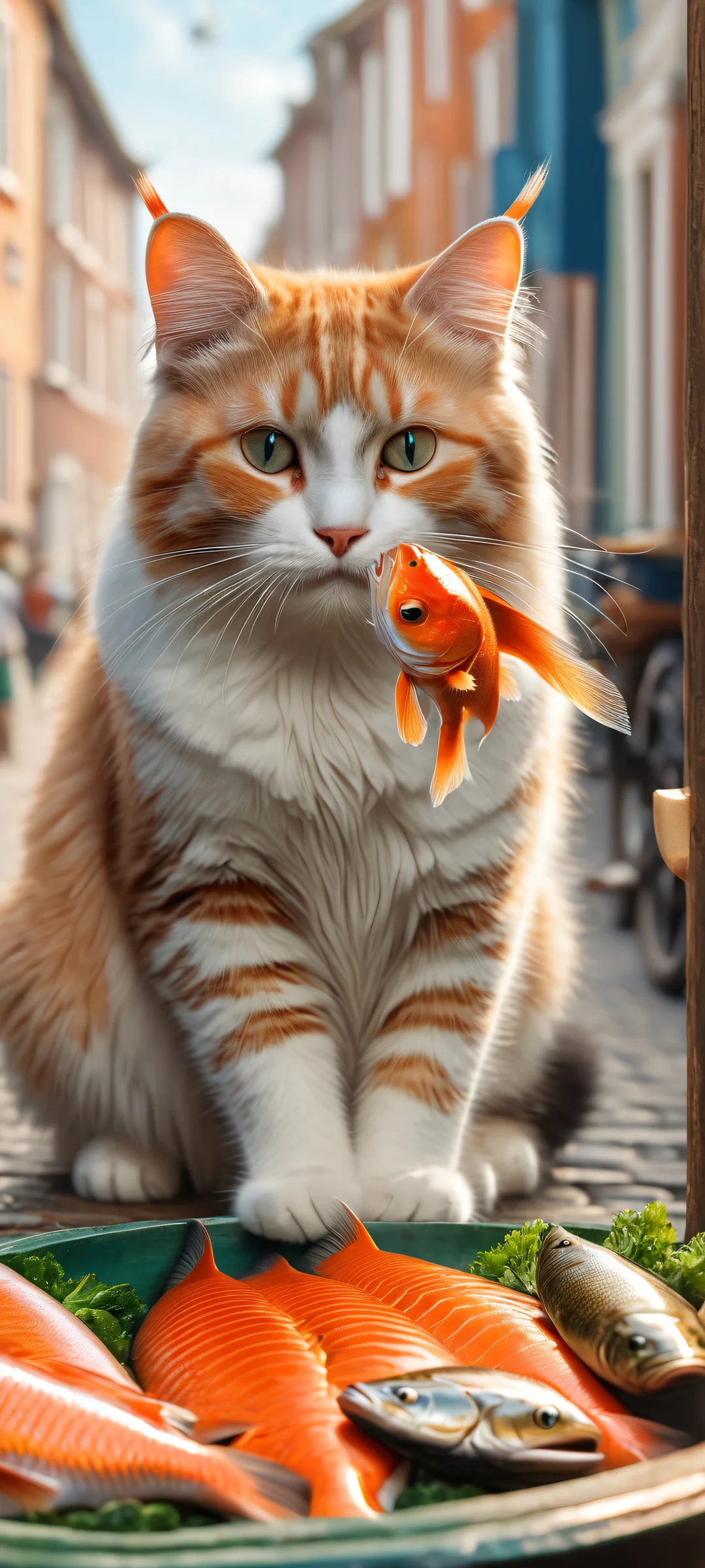 A photorealistic image of a cat enjoying fish at a Dutch street market, perfectly optimized for iPhone and Android home screens.
