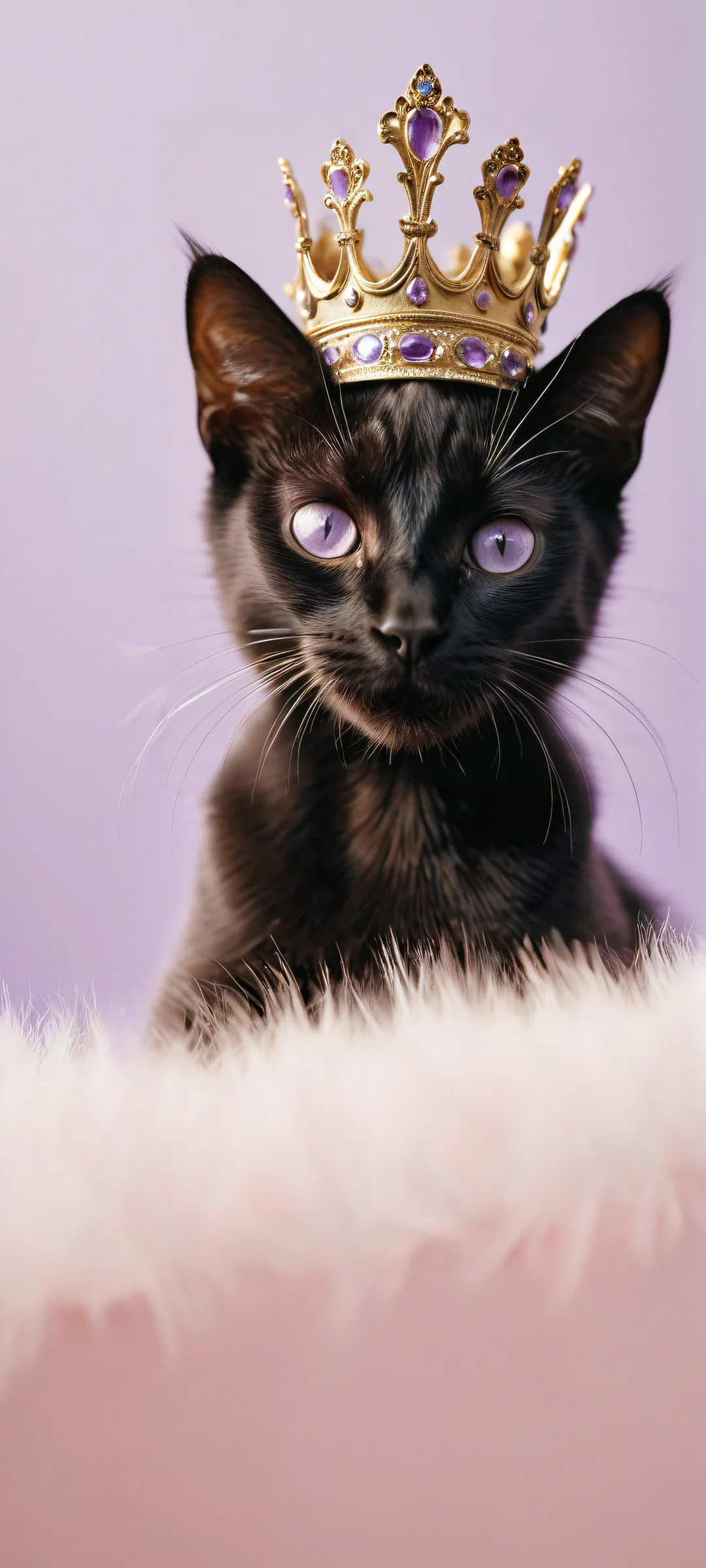 A stunning black cat in a regal crown looks down with disdain on an empty void, perfectly optimized for iPhone/Android home screens.