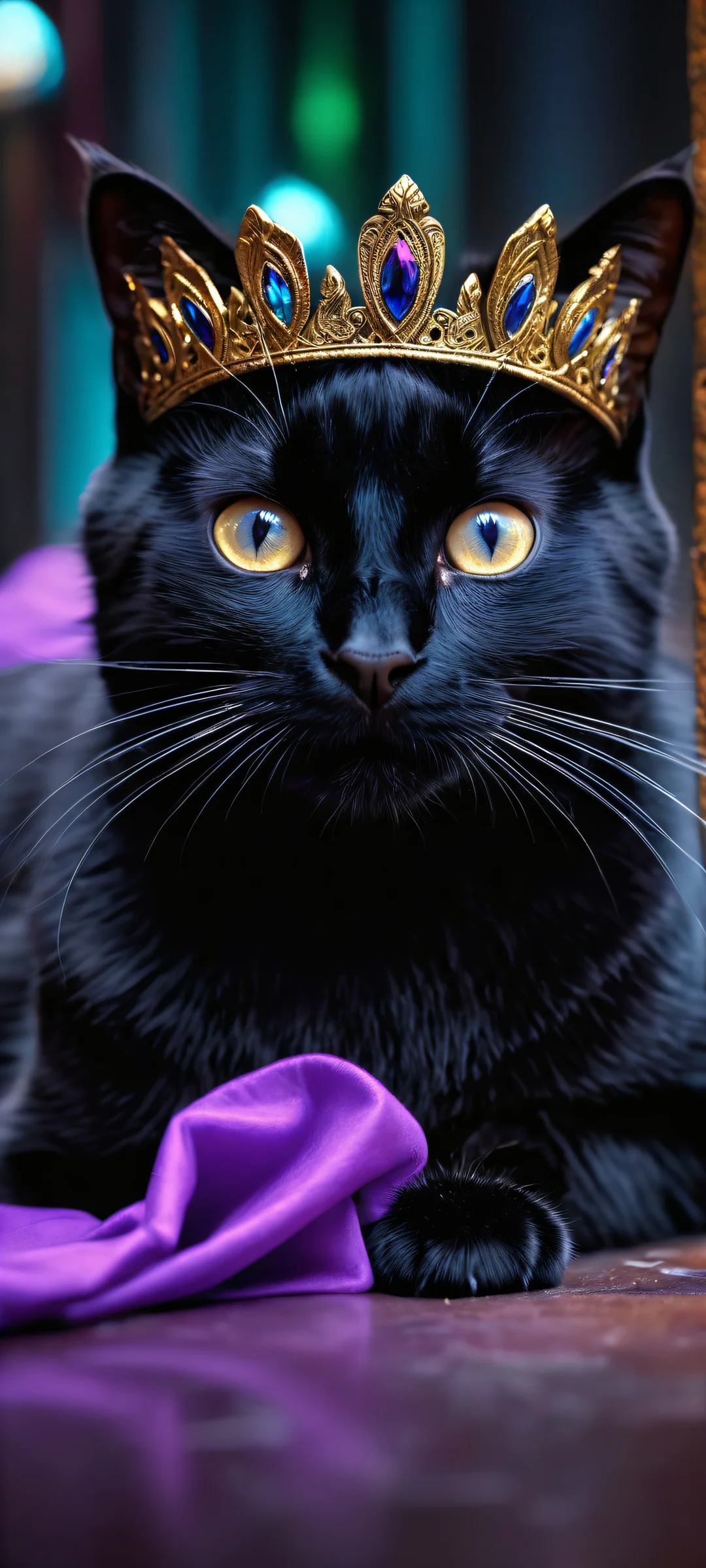 Whimsical Feline Majesty 2K QHD Home Screen A majestic black cat wearing a king's crown gazing down from an otherworldly gateway on a dark and neon-lit background, compatible with iPhone/Android
