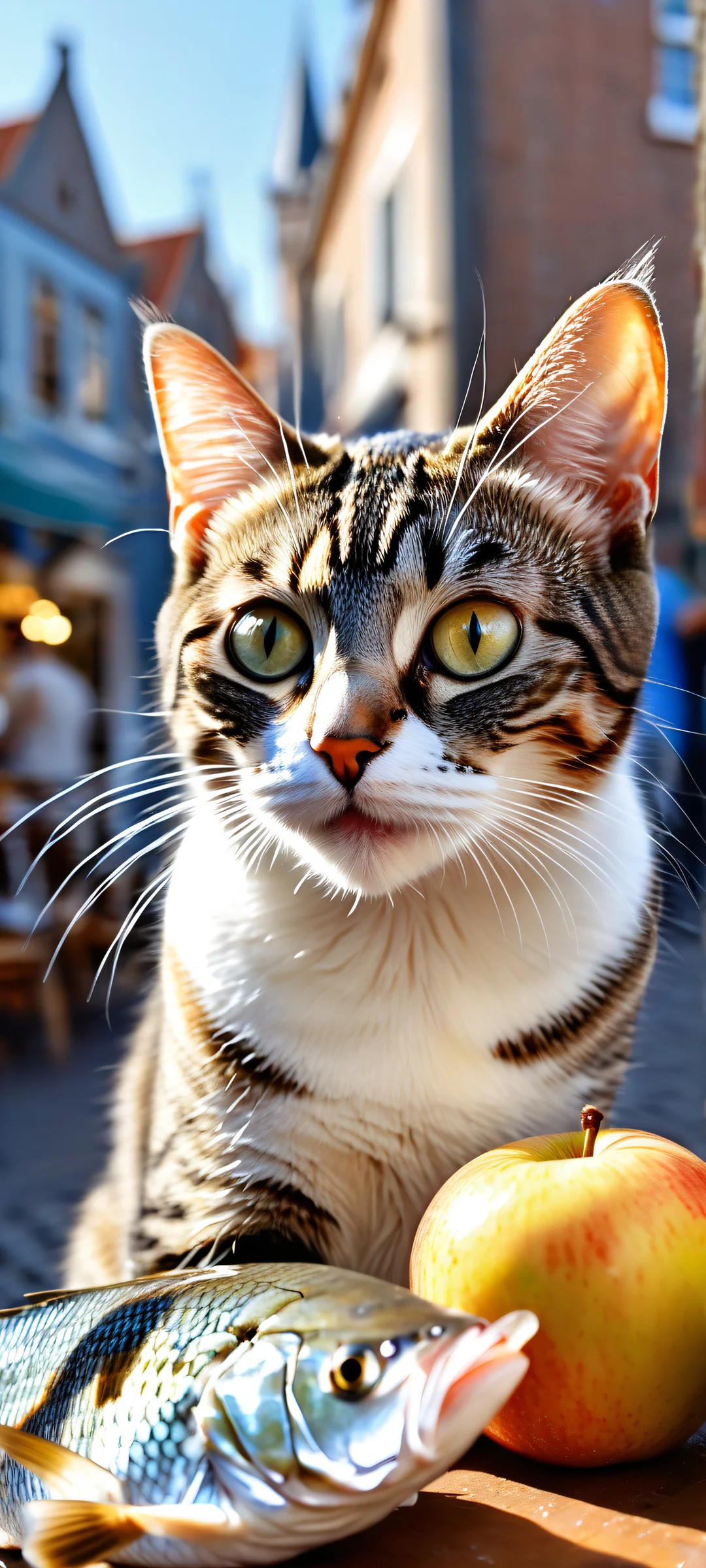 A delightful digital artwork featuring a curious tabby cat holding a shiny fish, set against a bustling Dutch market scene and an endless blue sky. Perfectly optimized for iPhone, Samsung Galaxy, and Android home screens.