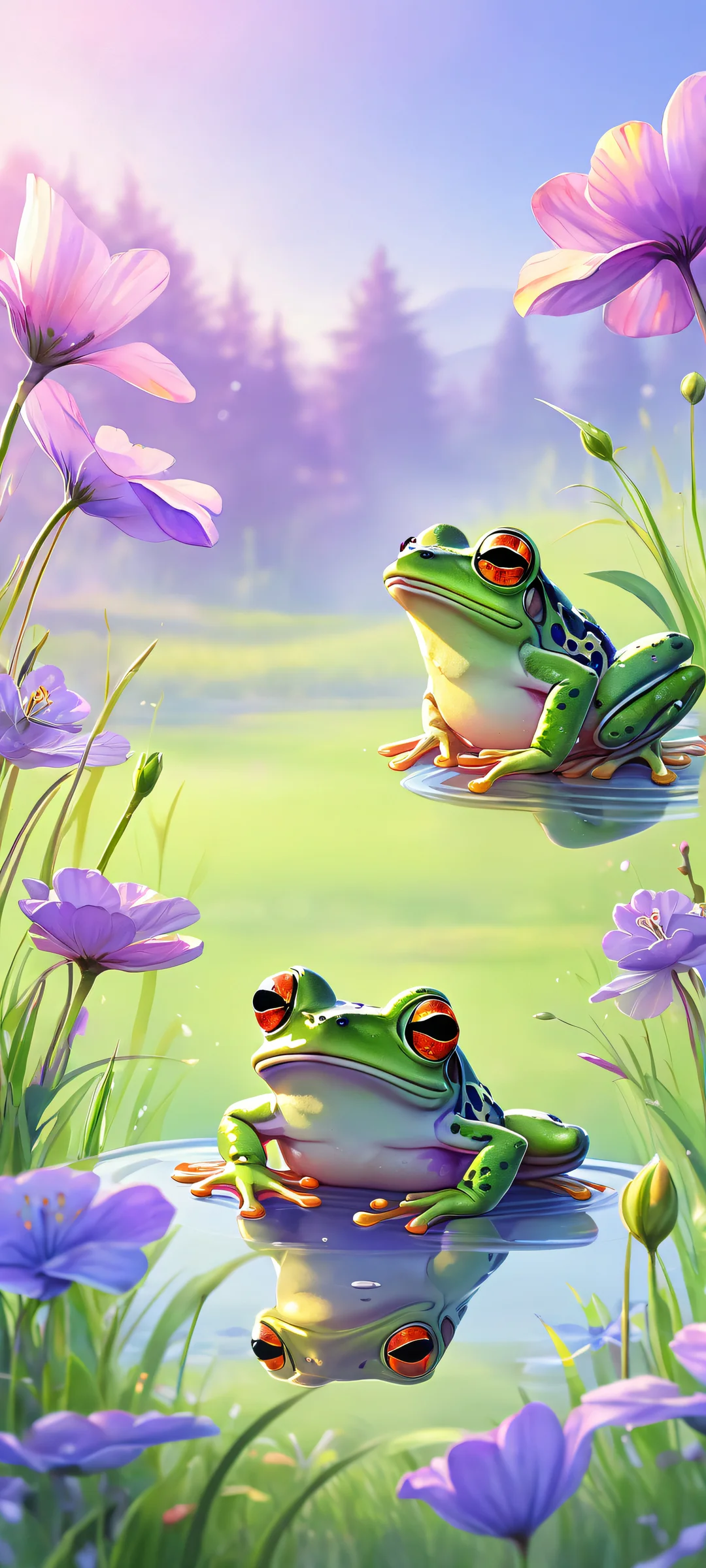 A whimsical frog illustration set against a serene meadow background, rendered in watercolor style with gentle daylight and hues of purple. Perfect for iPhone/Android home screens.