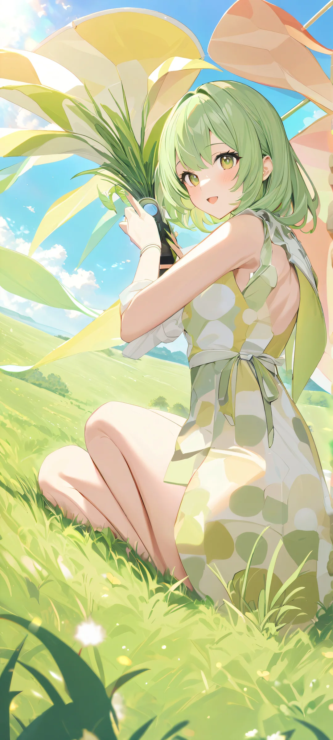A beautiful anime-inspired wallpaper of a serene goddess amidst a lush grassy landscape with playful polka dots. iPhone や Android のホーム画面に最適.