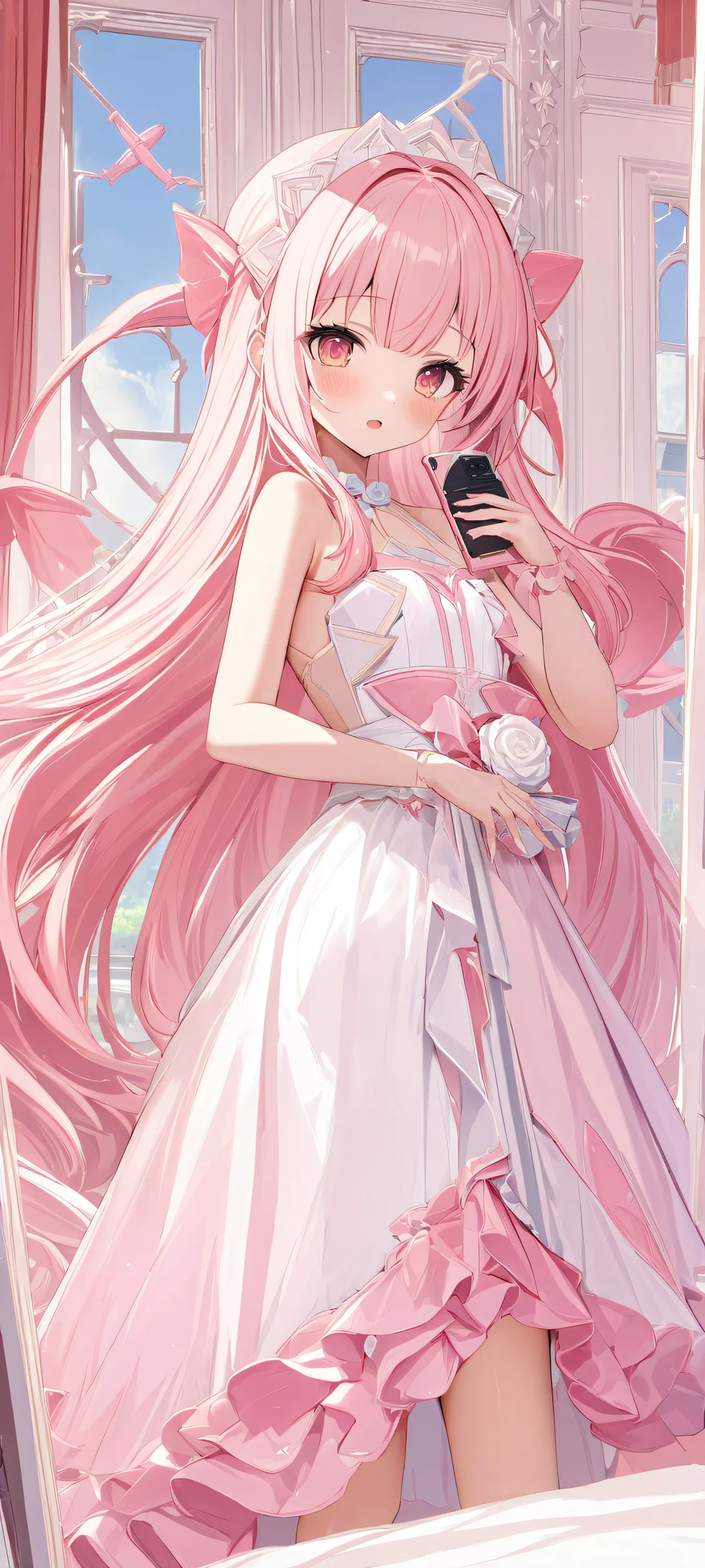 Cute anime girl indoors, perfectly optimized for iPhone and Android mobile devices.