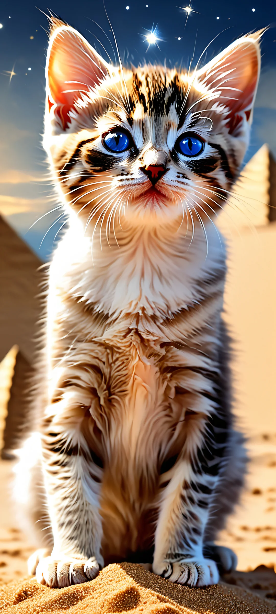 A stunning iPhone and Android wallpaper featuring a kitten's playful moment under the twinkling starlight, with a pyramid in the background.