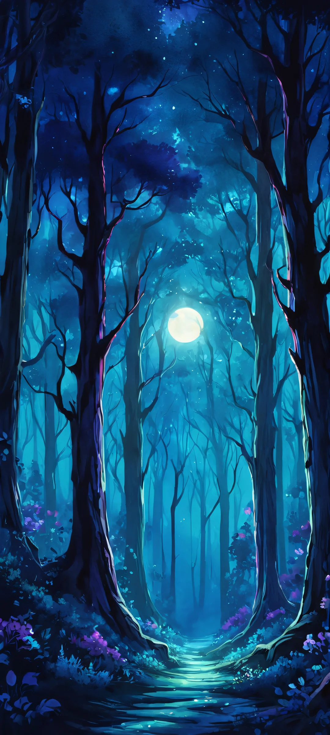 Explore the mystical Whimsical Forest landscape on your iPhone or Android, illuminated by distant moonlight - a digital watercolor masterpiece.