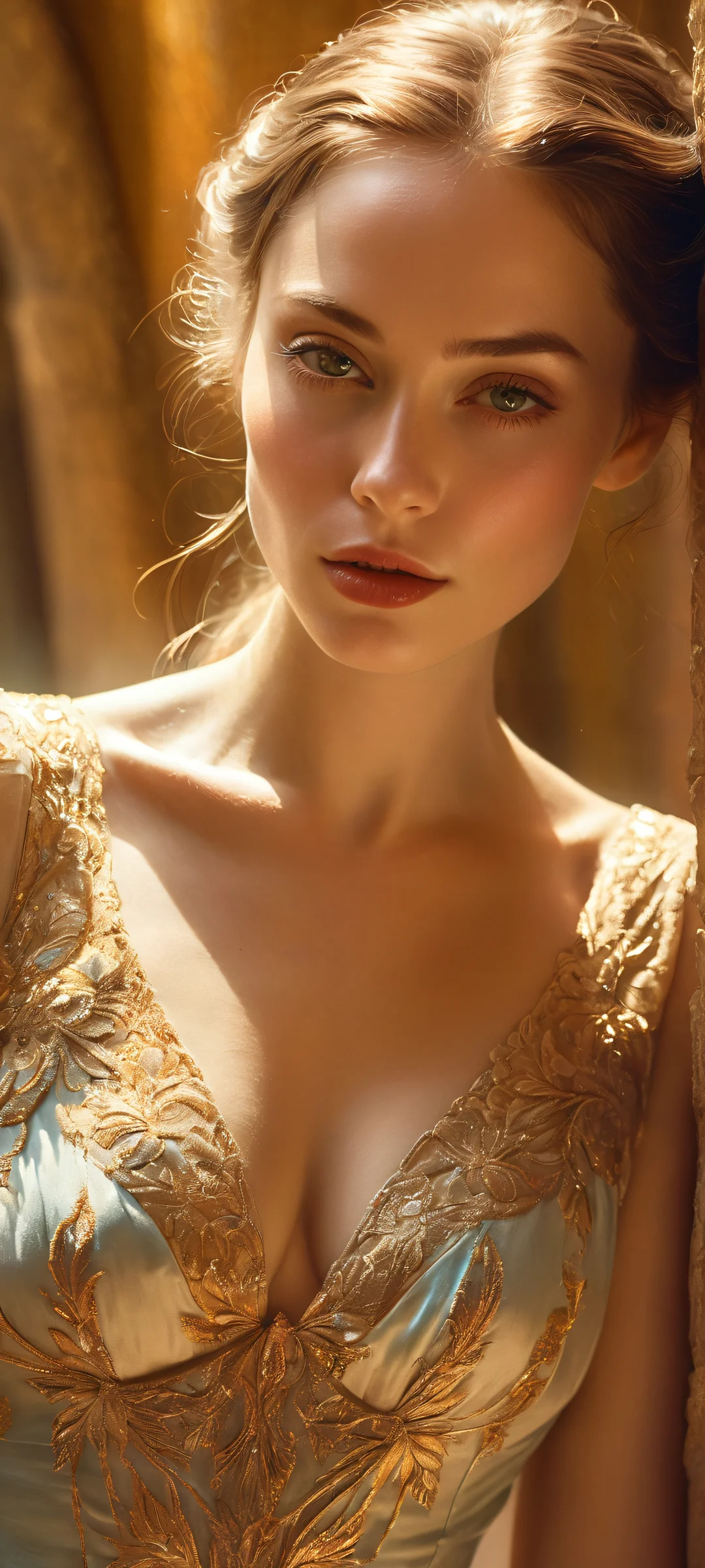 Ethereal portrait of a radiant actress on an iPhone/Android mobile device with ray-traced reflections and cinematic contrast