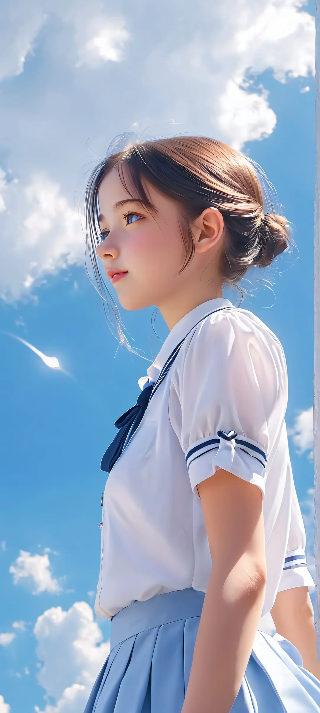 Whimsical Sky Maiden 2K Phone Wallpaper A beautiful schoolgirl stands amidst a whimsical sky with sunlight casting a warm glow - perfectly optimized for iPhone, Samsung Galaxy, and Android home screens.
