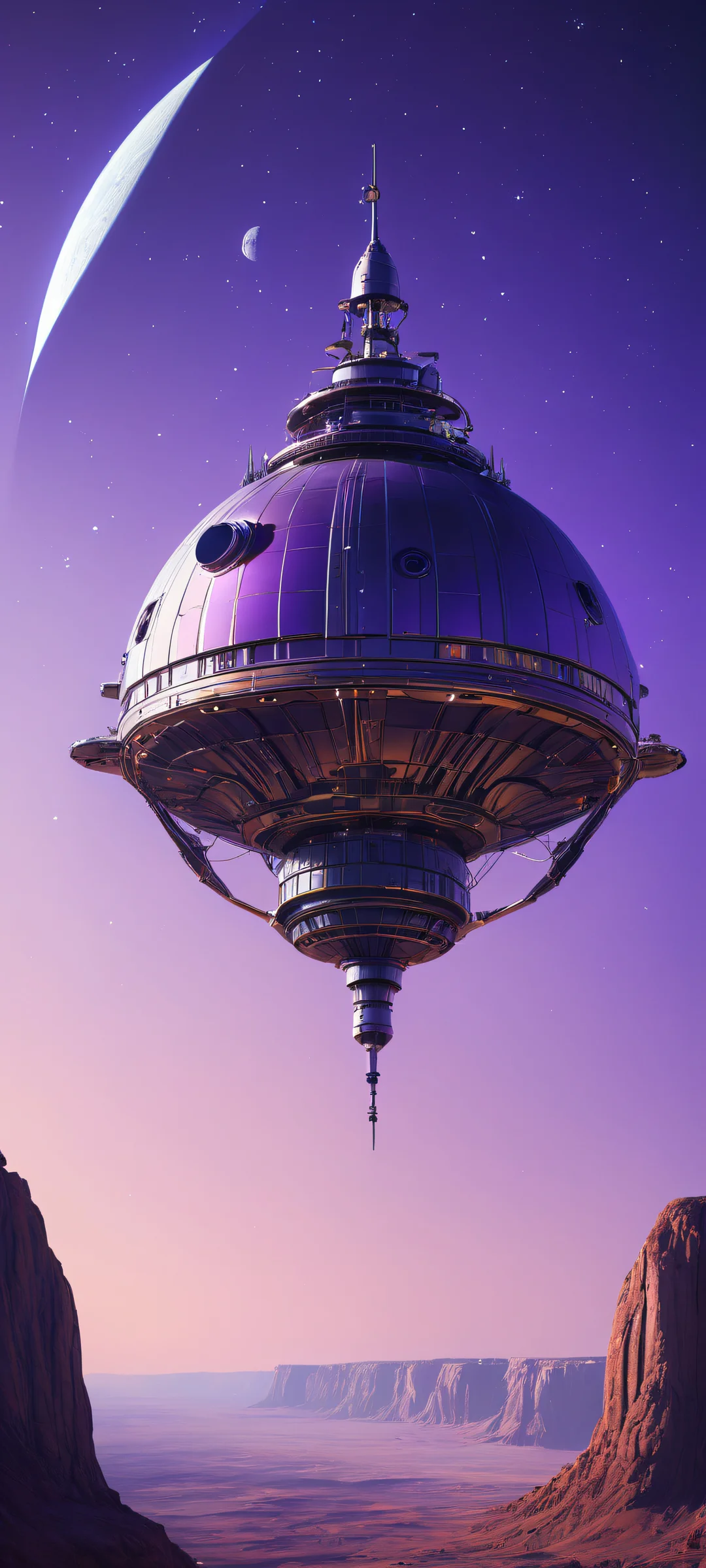 Explore the cosmos with this stunning iPhone and Android wallpaper featuring a whimsical spacecraft against a deep, starry background - perfect for your mobile home screen.