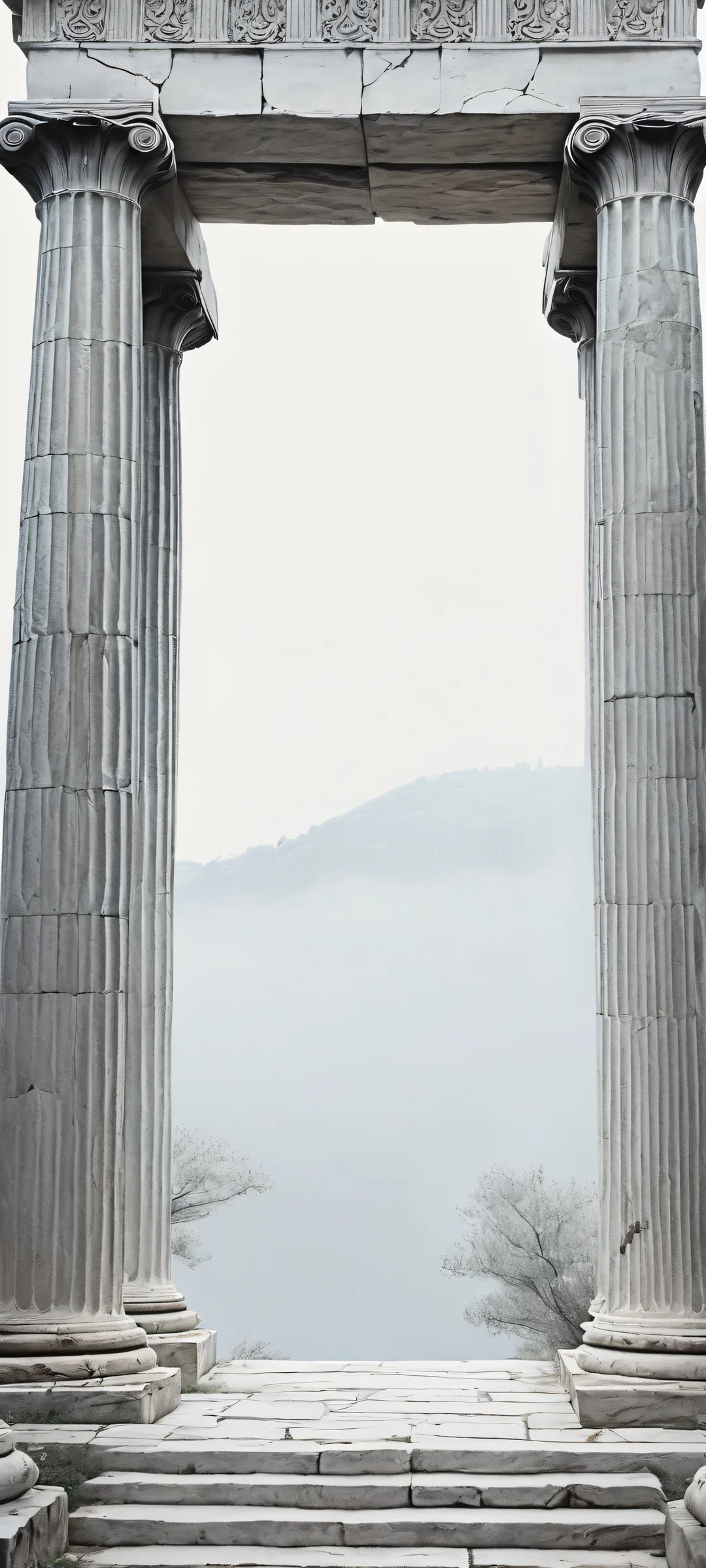 Greek temple pillars on a vast void iPhone/Android wallpaper with distant gothic forest and atmospheric fog, evoking innocence and wonder.