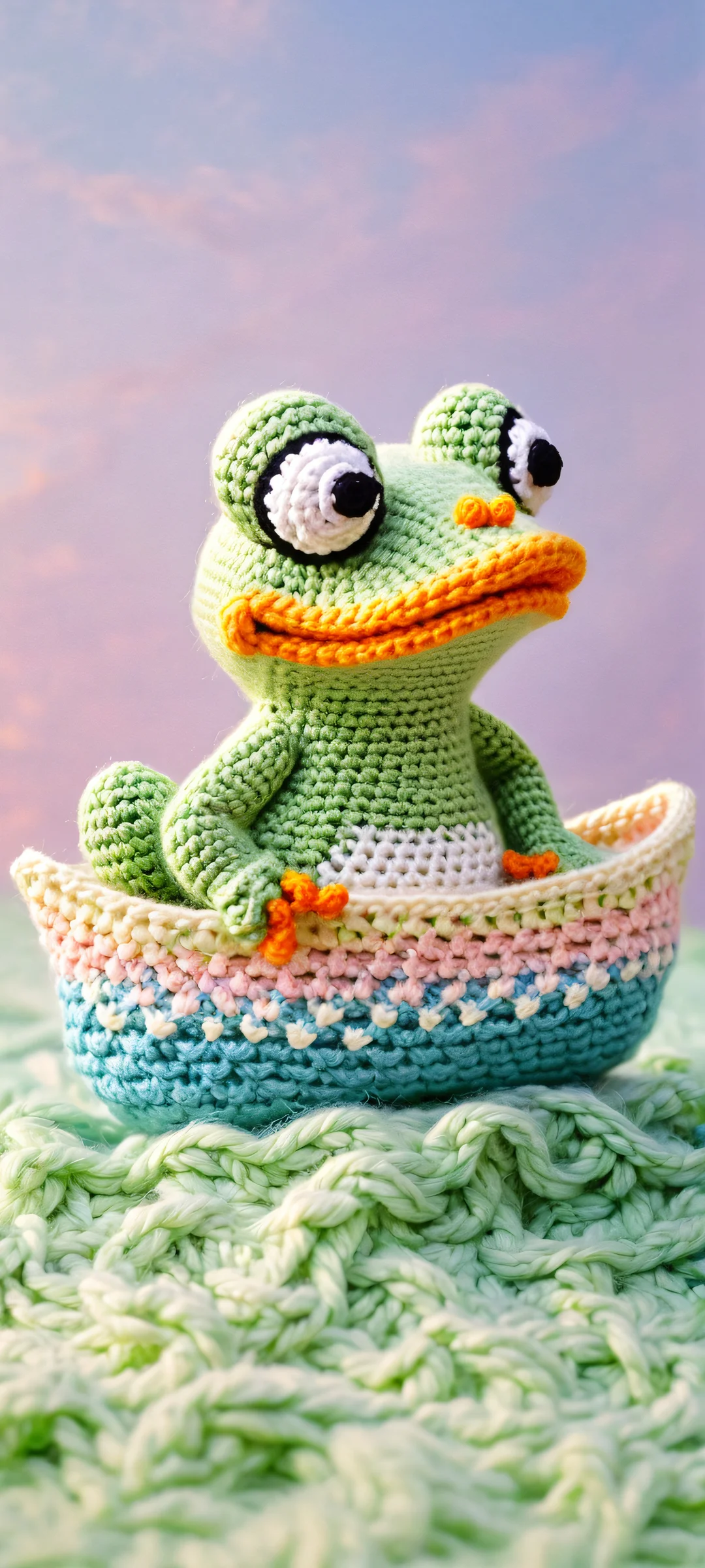 Colorful frog and duck duo floating on a crocheted ship in the water, perfect for iPhone/Android home screens.